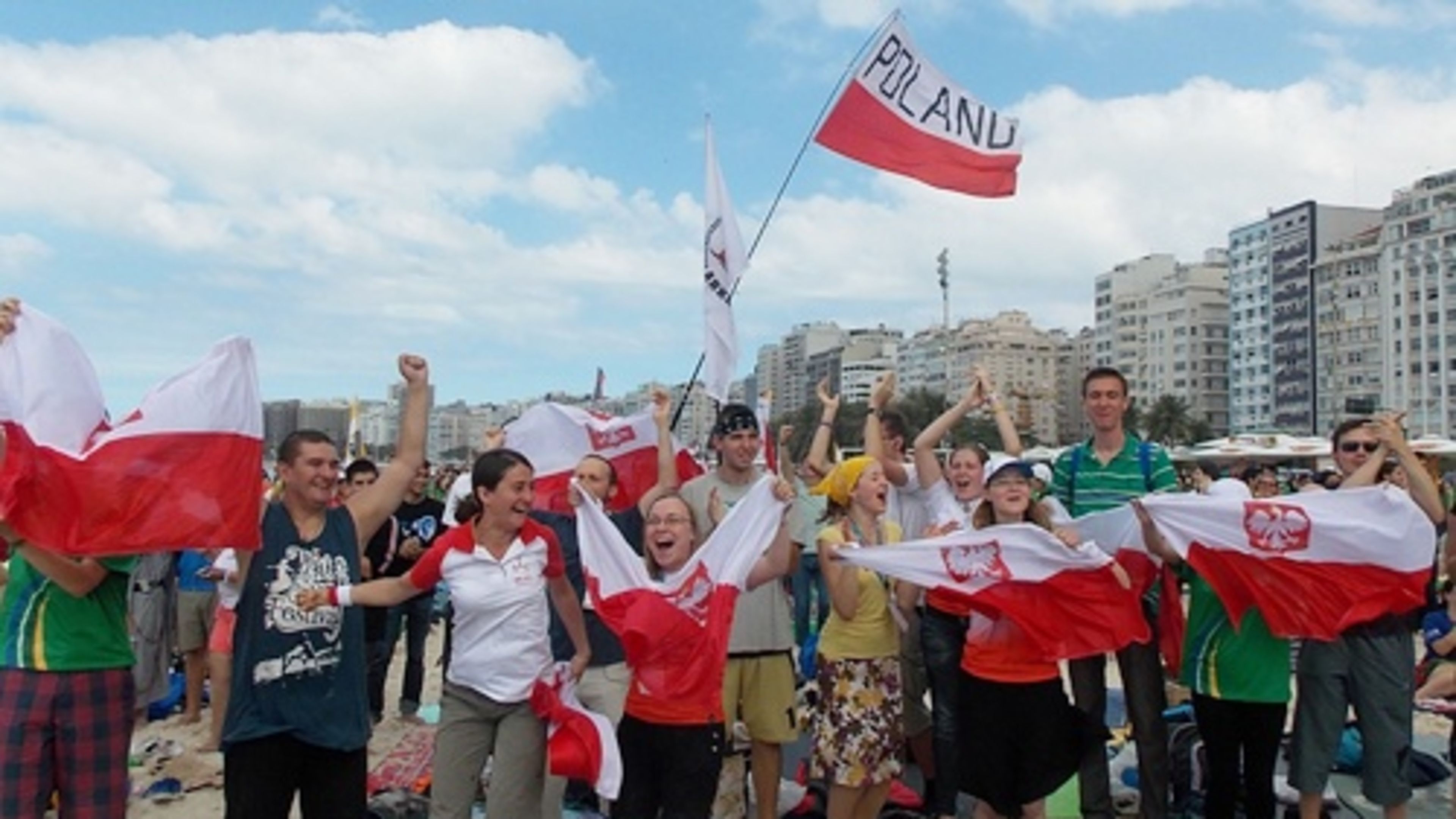 Polish pilgrims celebrate after hearing the news that the next World Youth Day will be hosted by Krakow, Poland in 2016. |  Credit: Walter Sanchez Silva/EWTN News