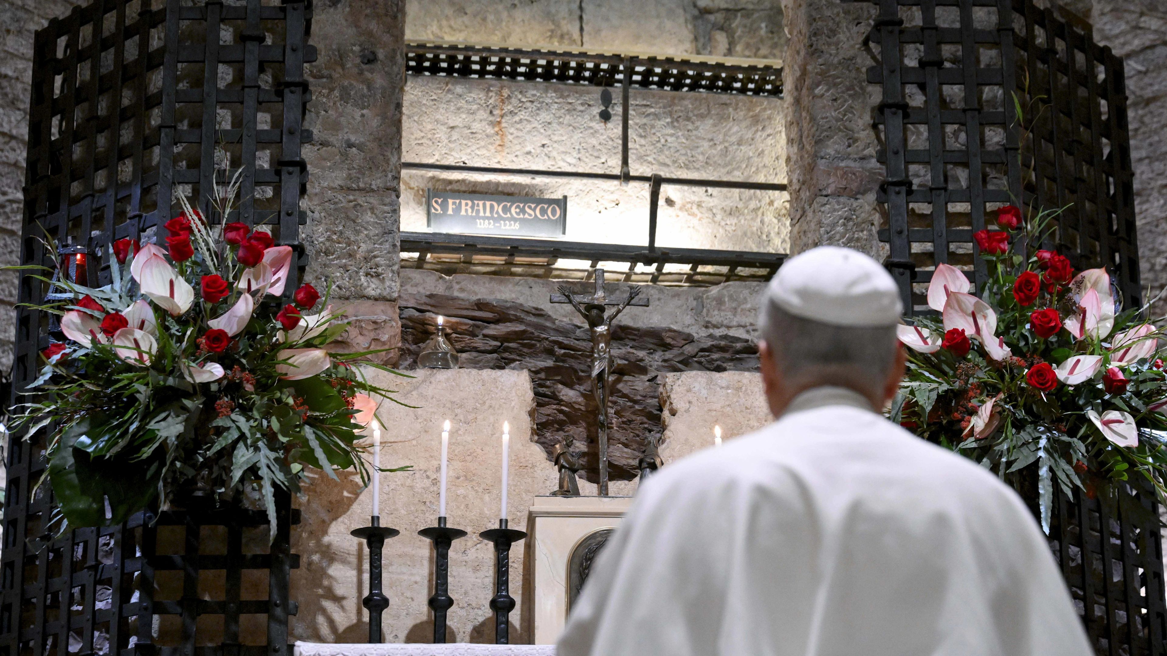 Pope Leo XIV visits the tomb of St. Francis in Assisi, Italy, on Nov. 20, 2025. | Credit: Vatican Media
