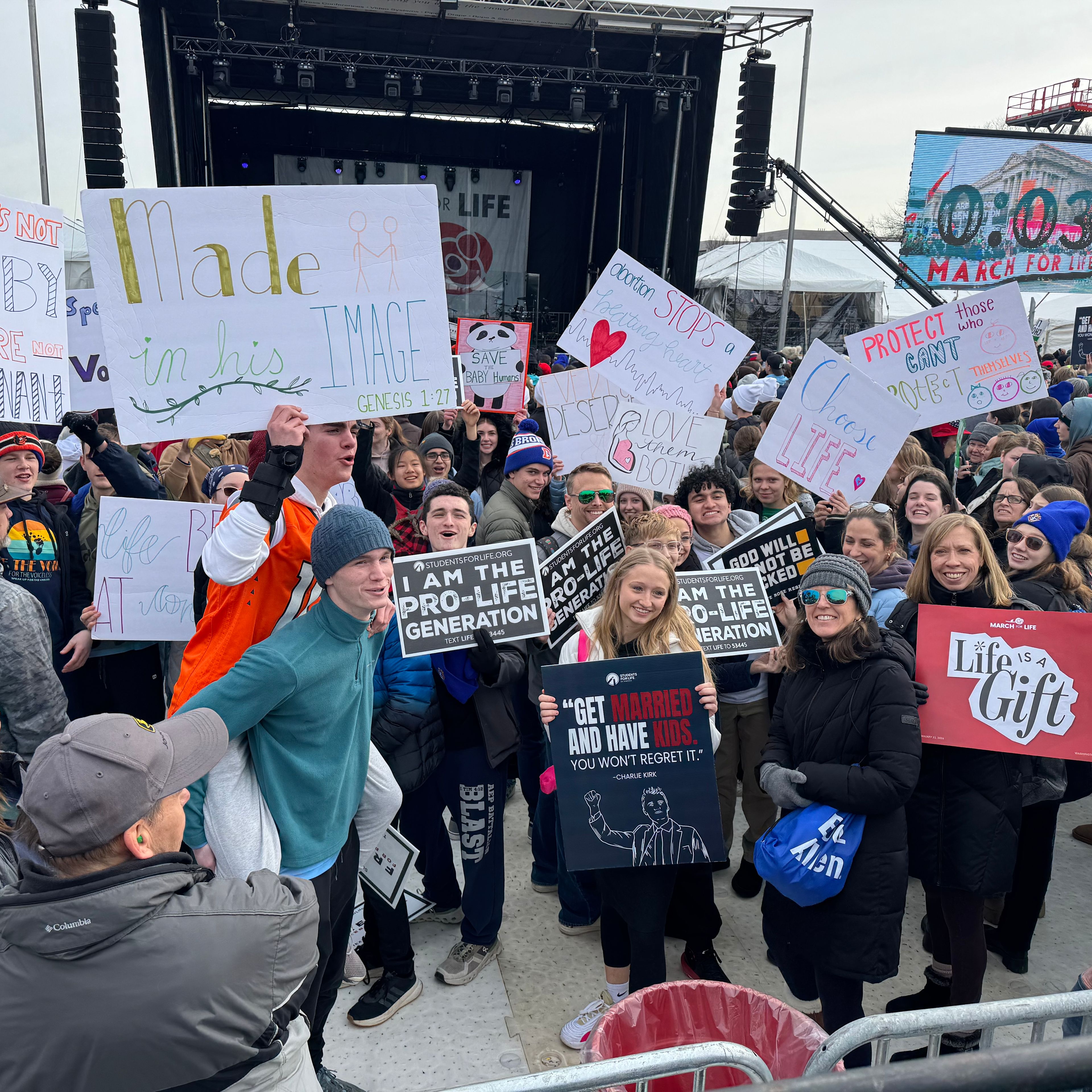 Pro-lifers hold their signs at the March for Life on Jan. 23, 2026. | Credit: Tessa Gervasini/EWTN News