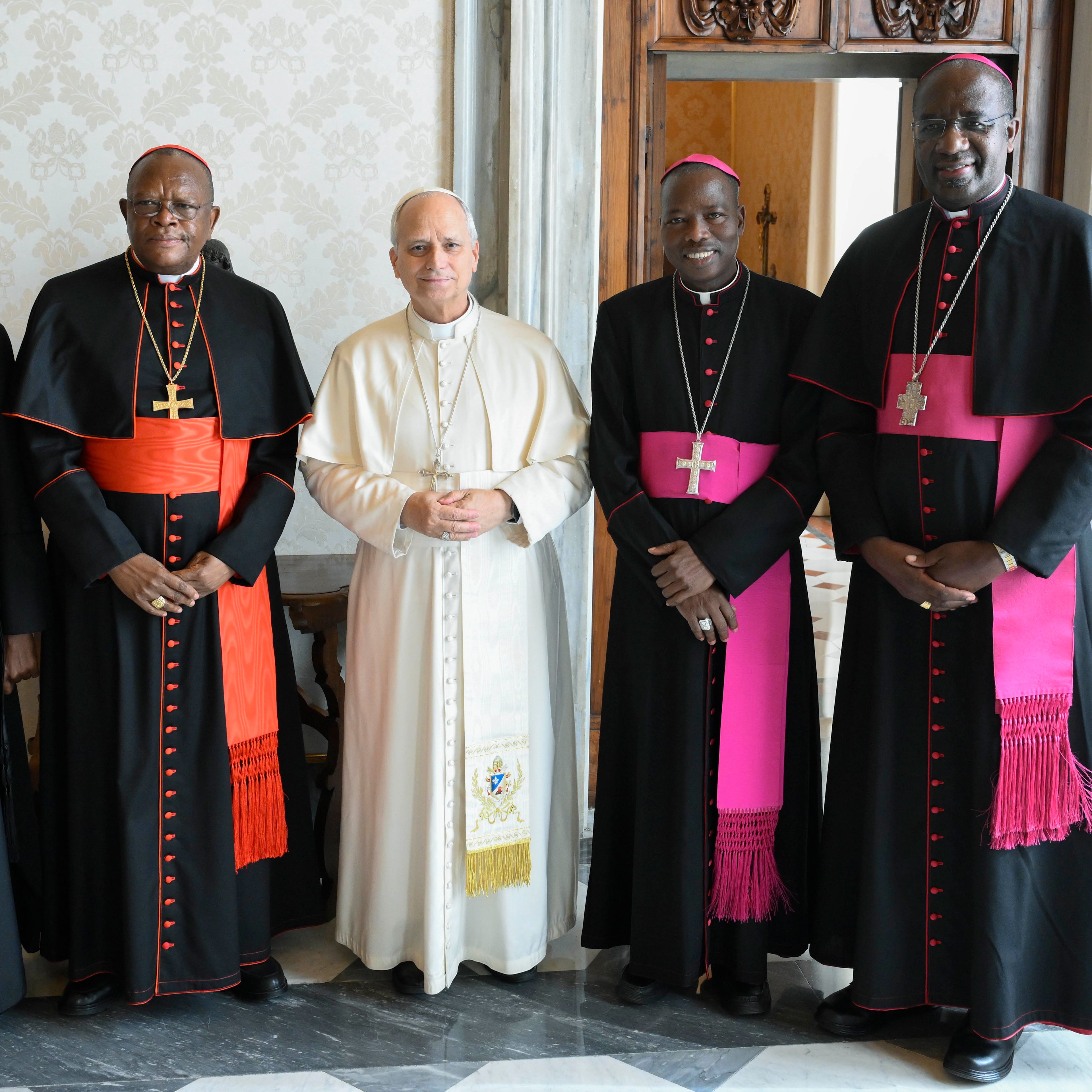 The SECAM delegation, (left to right) Cardinal Fridolin Ambongo, Bishop Stephen Dami Mamza, Archbishop José Manuel Imbamba, and Father Rafael Simbine, meets with Pope Leo XIV on Jan. 17, 2026, at the Vatican. | Credit: Vatican Media