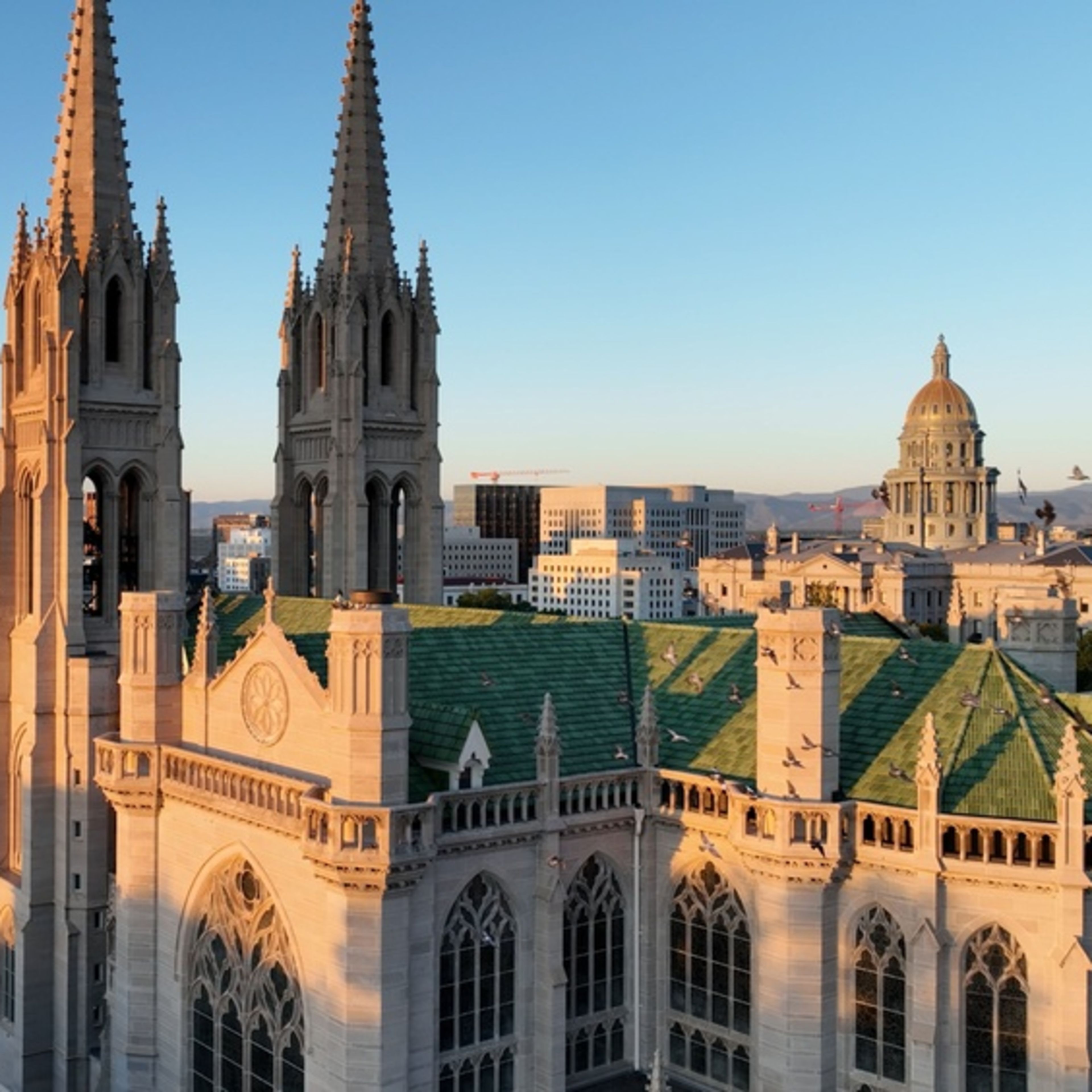 The Cathedral Basilica of the Immaculate Conception in Denver is seen from a drone’s-eye view at sunrise. | Credit: Kurtis Toliver/Shutterstock