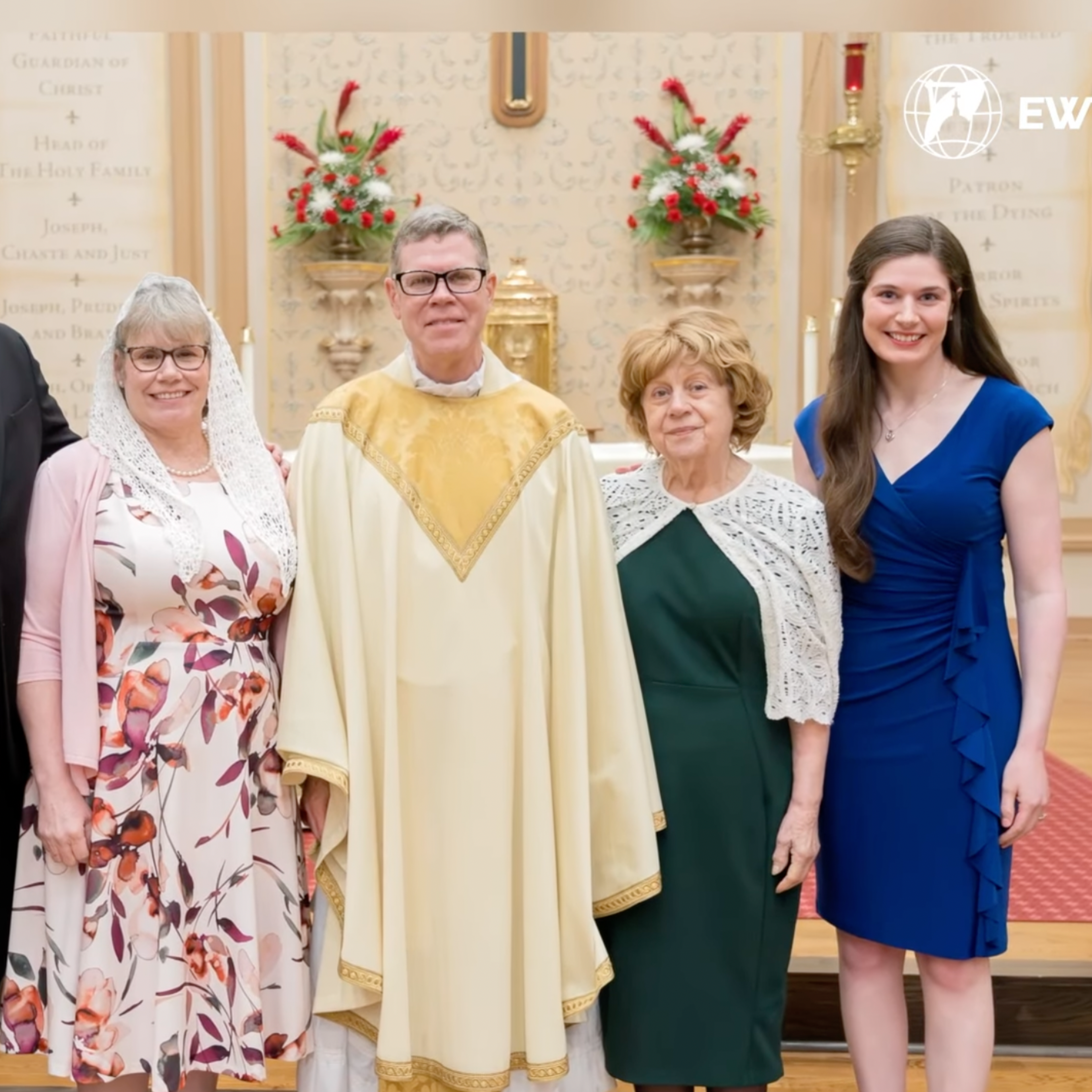 Father Travis Moger on the day of his ordination alongside his son, Mark; wife, Amelia; mother; and daughter, Maddy. | Credit: EWTN News screenshot