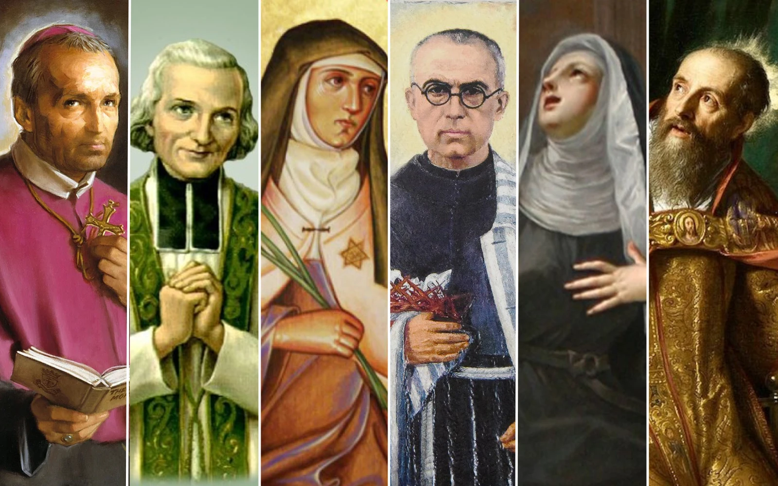 Izquierda a derecha: San Alfonso María de Ligorio, San Juan María Vianney, Santa Edith Stein, San Maximiliano Kolbe,  Santa Mónica, San Agustín | Crédito: Dominio Público