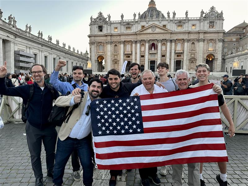 Americans gather in St. Peter’s Square on May 8, 2025, to celebrate the election of Pope Leo XIV, the first pontiff from the United States. | Credit: Courtney Mares/CNA 