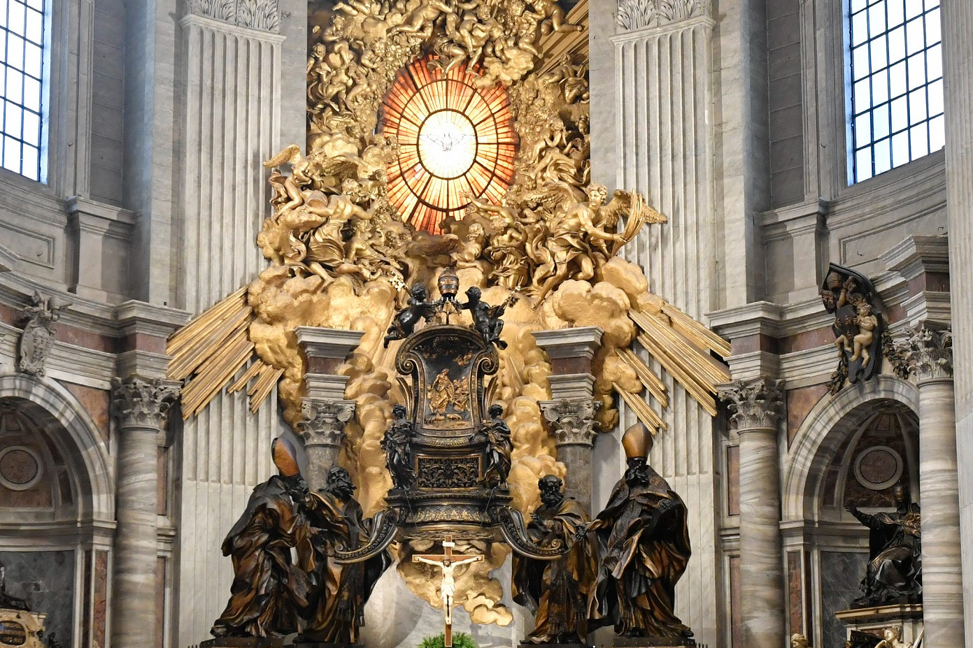 Altar of the Chair in St. Peter's Basilica, where Bernini's gorgeous bronze monument to the Chair of Peter acts as a massive bronze reliquary for the historic wooden chair. Credit: Vatican Media