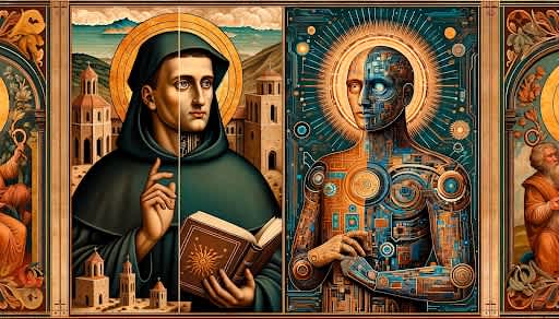 An illustration of the topic of Thomas Aquinas and AI created by DALL-E, a text-to-image model native to ChatGPT. | Credit: DALL-E/OpenAI
