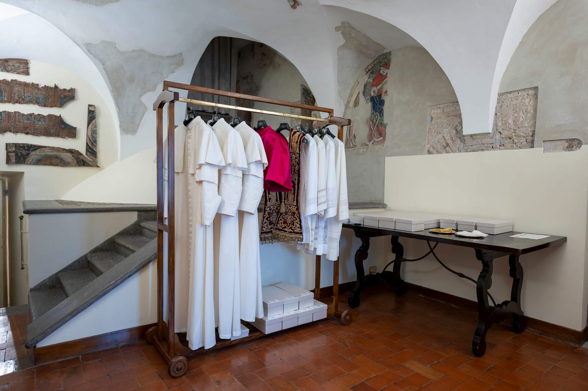 Vestments rest in the Room of Tears at the Sistine Chapel ahead of the conclave to elect the next pope, Tuesday, May 6, 2025. Credit: Vatican Media