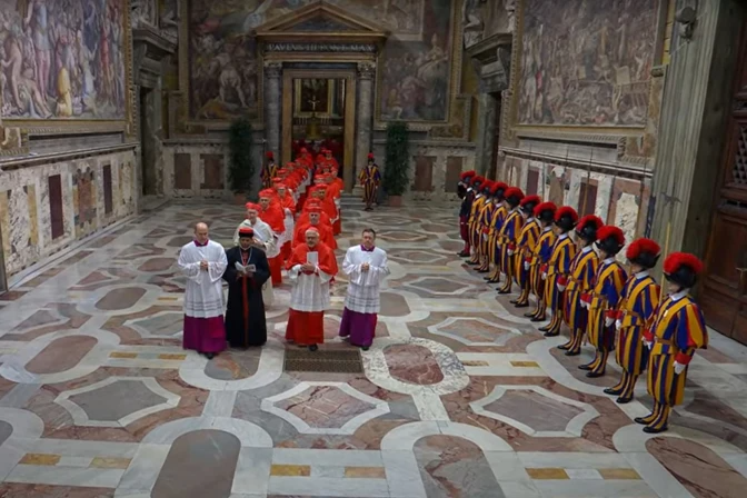 Cardinals process to the Sistine Chapel as the conclave to elect the 266th successor to St. Peter, the 267th pope, begins on May 7, 2025. | Vatican Media 