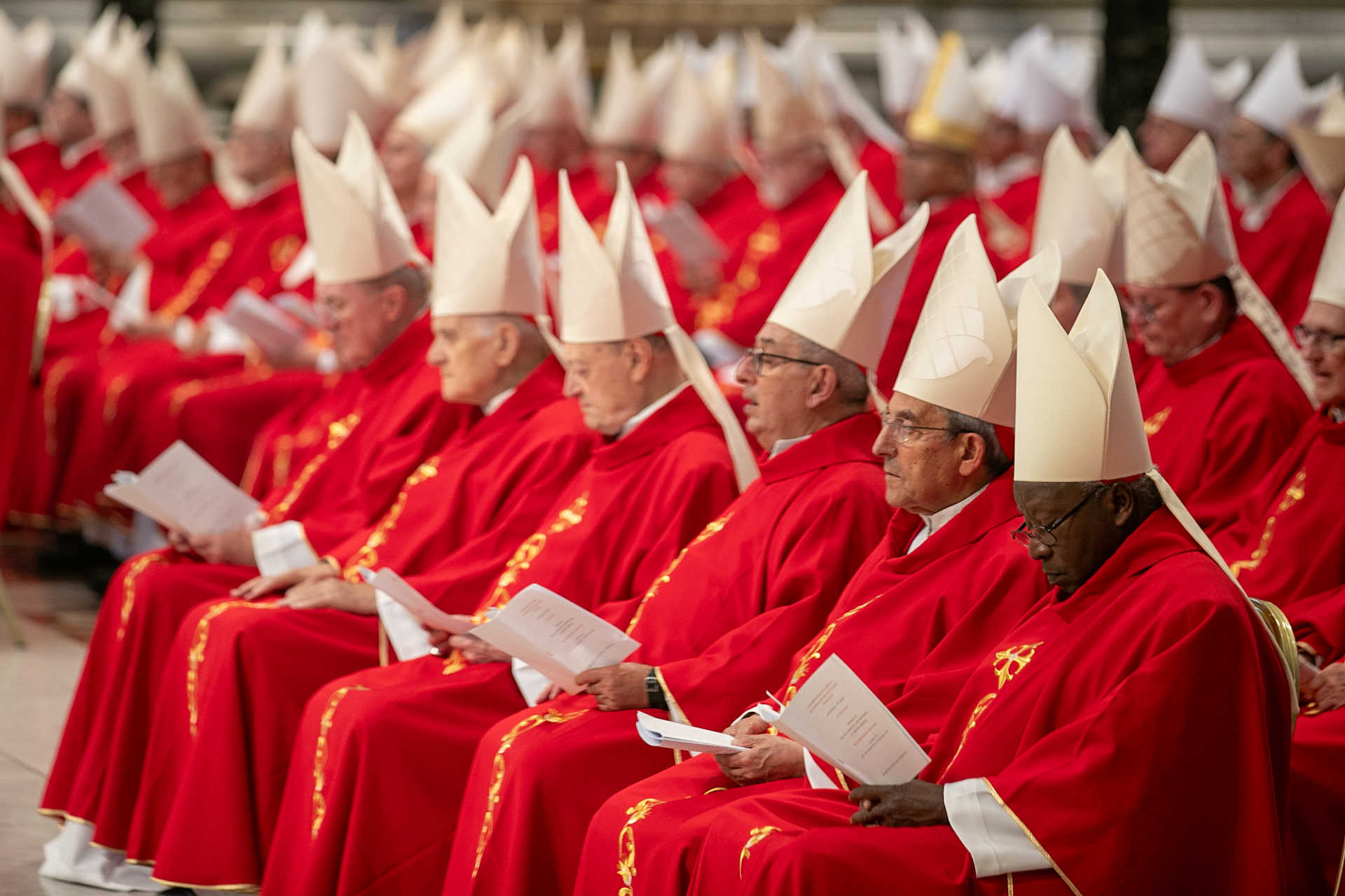 Cardinals celebrate the sixth Novendiales Mass for Pope Francis on May 1, 2025, in St. Peter’s Basilica at the Vatican. | Credit: Daniel Ibañez/CNA 