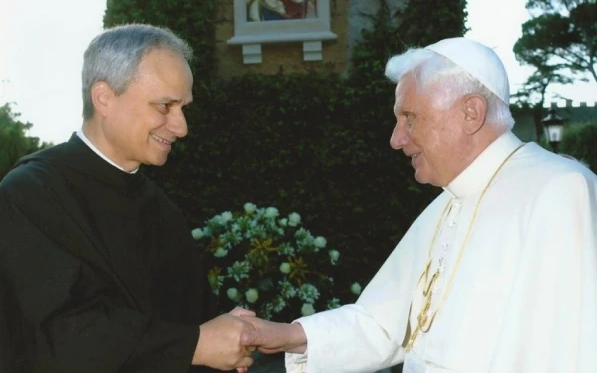 Pope Benedict XVI greets the future Pope Leo XIV in the Vatican Gardens. | Credit: Courtesy of the Augustinian Midwest Province (USA). Our Mother of Good Counsel. 