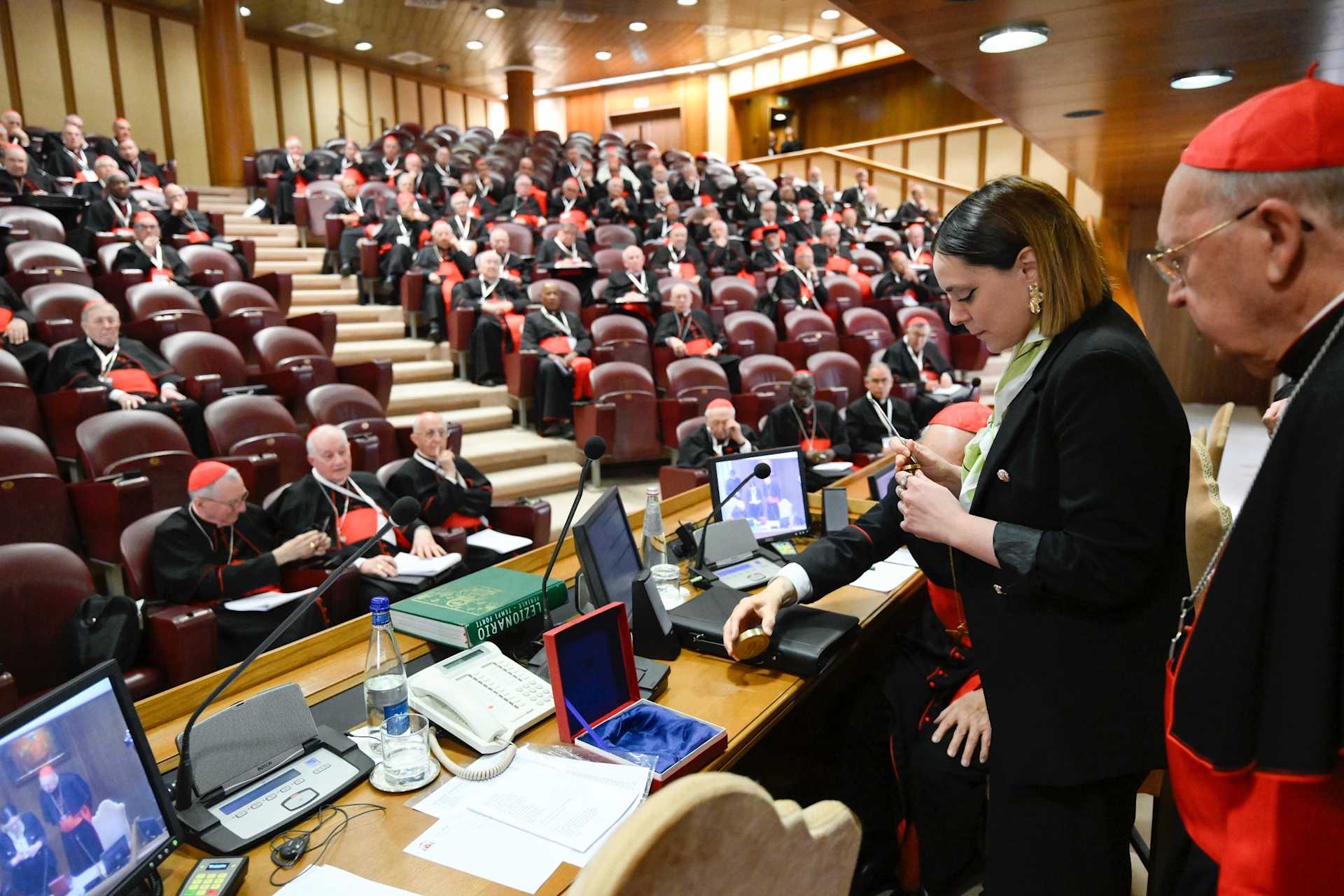 The papal fisherman’s ring and lead seal are nulled during the 12th general congregation of the College of Cardinals on Tuesday, May 6, 2025. | Credit: Vatican Media 