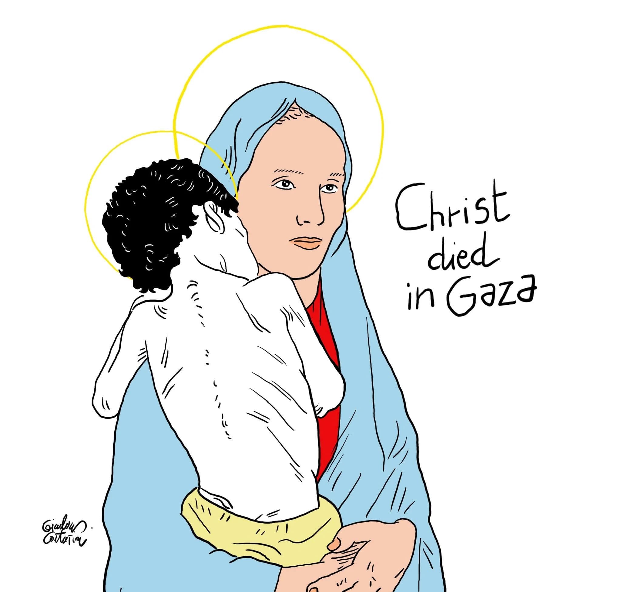 The Priests Against Genocide network adopted a logo created by artist Gianluca Costantini bearing the English phrase: &ldquo;Christ died in Gaza.&rdquo; The drawing is inspired by a real image of a Palestinian mother mourning her deceased son, Mohammed Zakaria. Credit: Priests Against Genocide