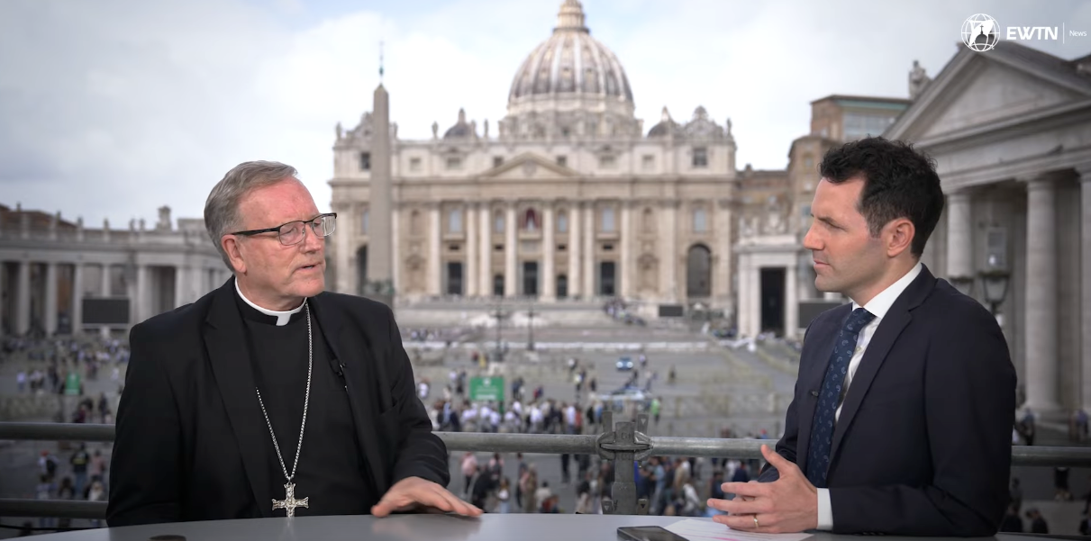 Bishop Robert Barron of Winona-Rochester, Minnesota, speaks to EWTN News Vatican Correspondent Colm Flynn in Rome on Monday, May 5, 2025. | Credit: EWTN News 