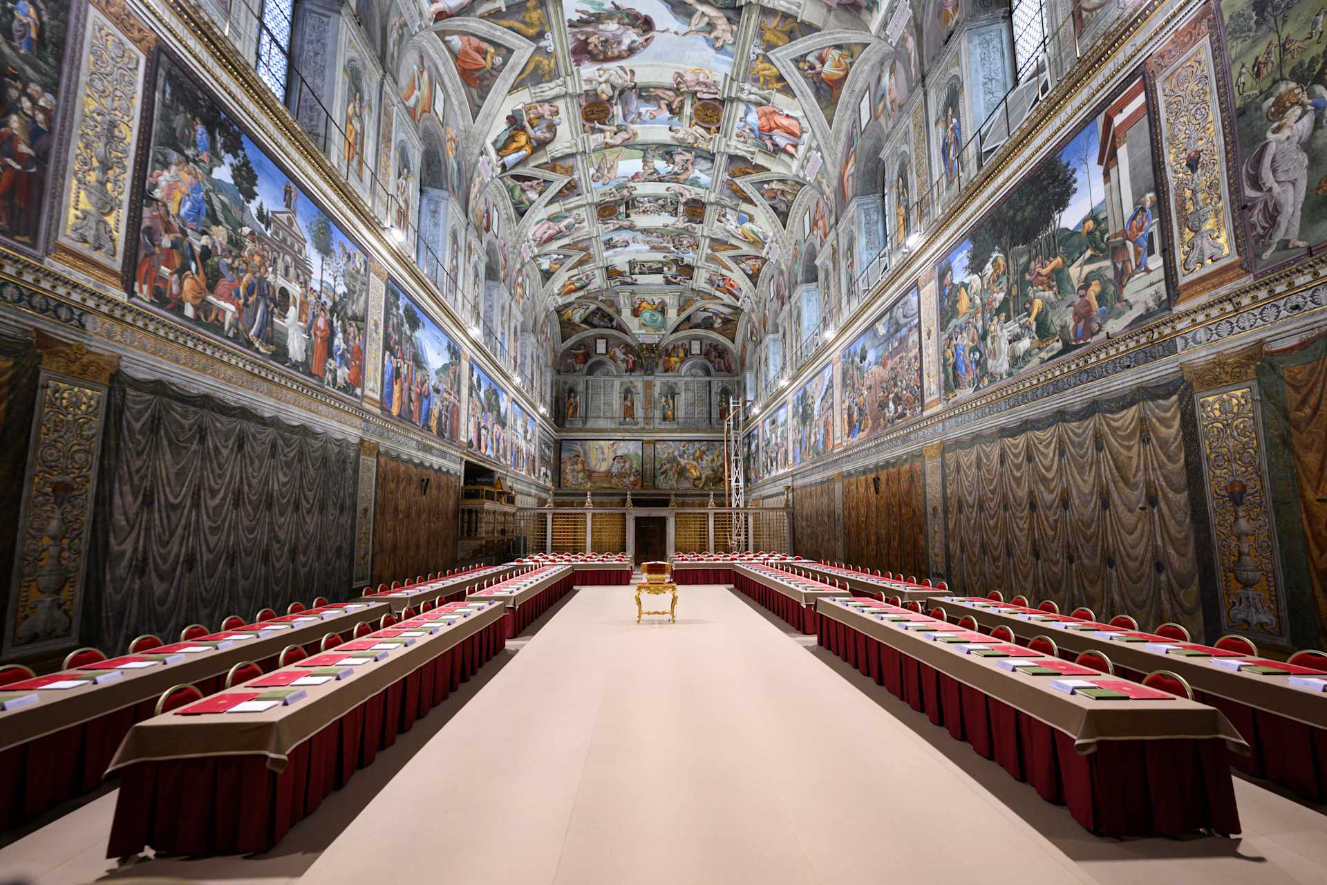 Long tables at the Sistine Chapel await the arrival of cardinals for the conclave to elect the next pope, Tuesday, May 6, 2025. | Credit: Vatican Media 