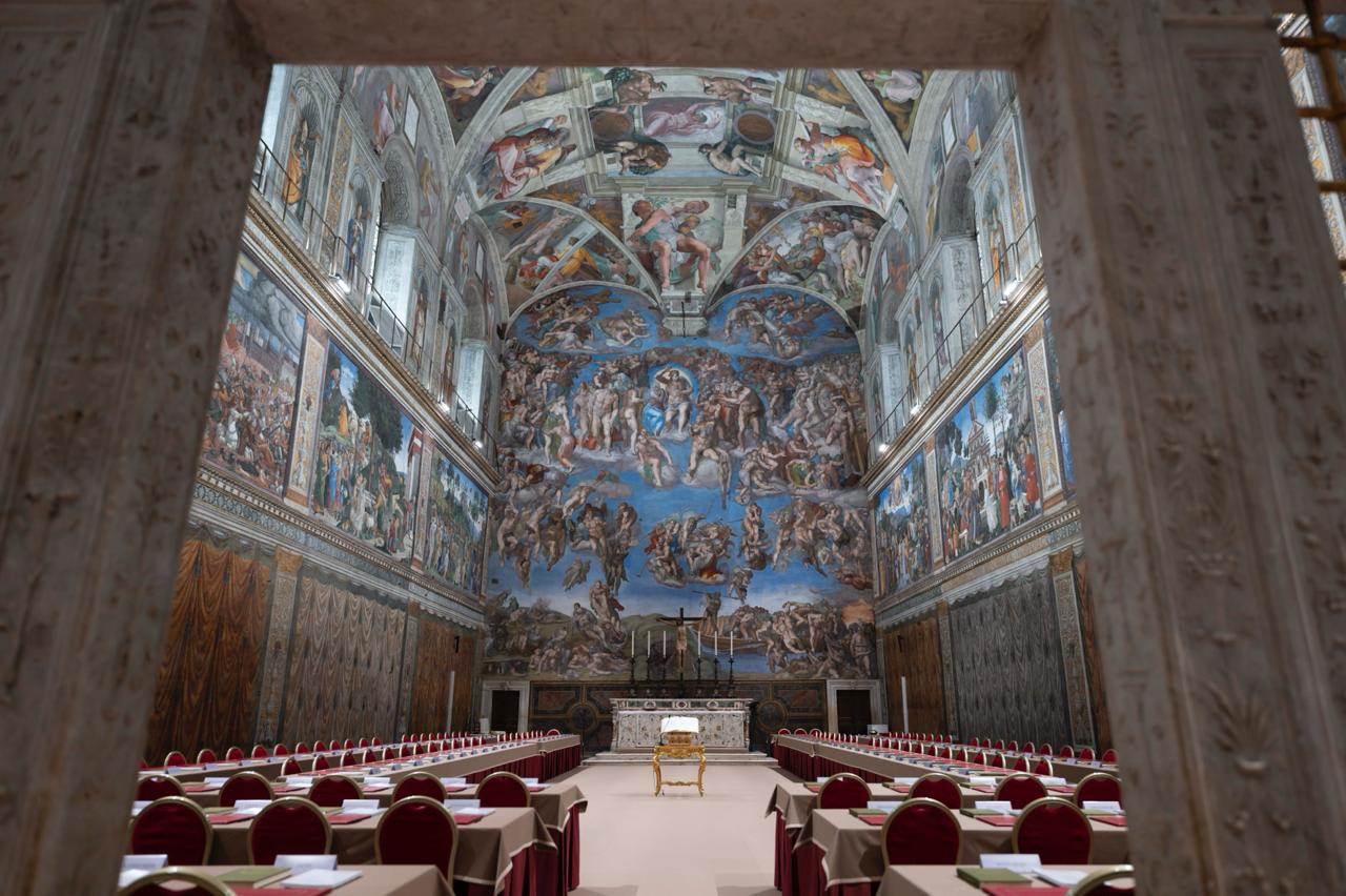 The Book of the Gospels sits in the Sistine Chapel ahead of the arrival of cardinal electors for the conclave to elect the next pope, Tuesday, May 6, 2025. Credit: Vatican Media