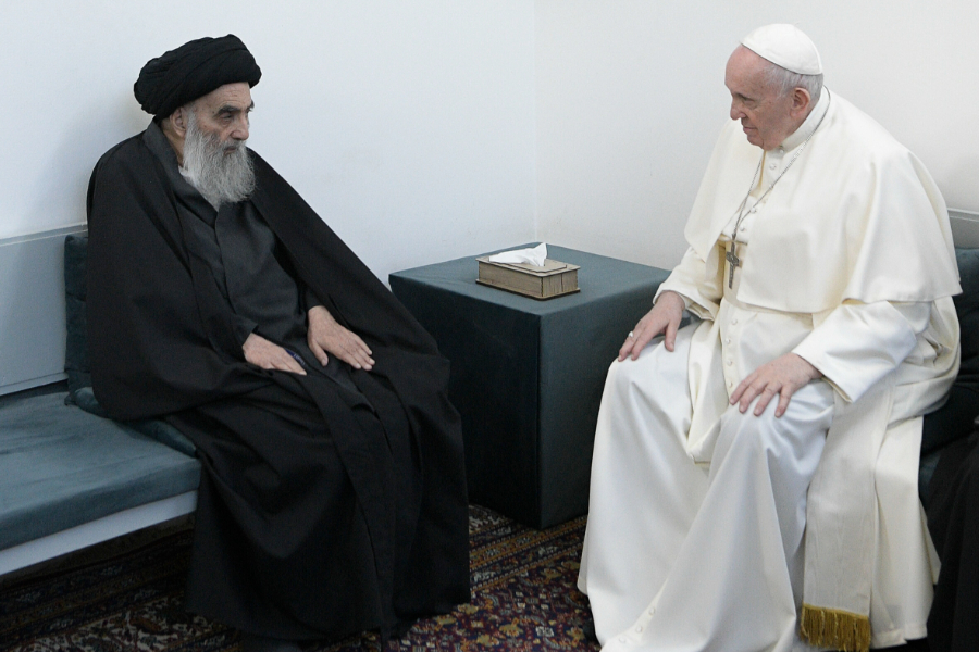 Pope Francis meets with Grand Ayatollah Ali al-Sistani in Najaf, Iraq, on March 6, 2021. | Credit: Vatican Media