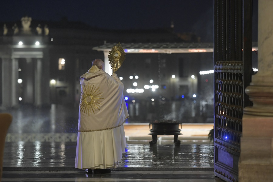 Pope Francis gives an extraordinary “urbi et orbi” blessing from the loggia of St. Peter’s Basilica on March 27, 2020.  | Credit: Vatican Media