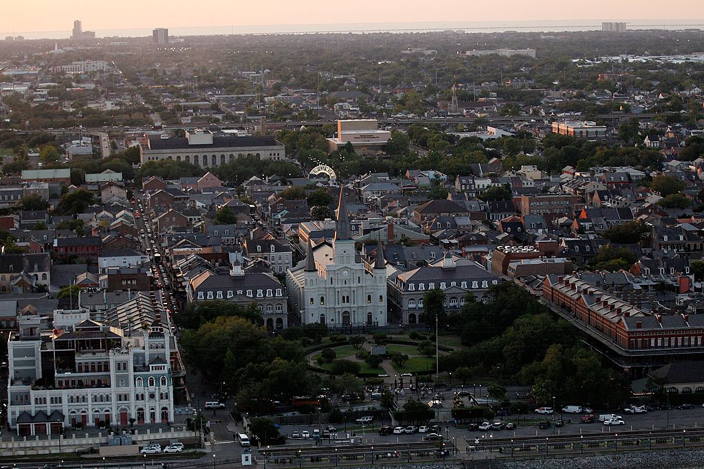 The Saint Louis Cathedral and Jackson Square are seen at sunset near the French Quarter in downtown New Orleans on April 10, 2010. | Credit: Graythen/Getty Images