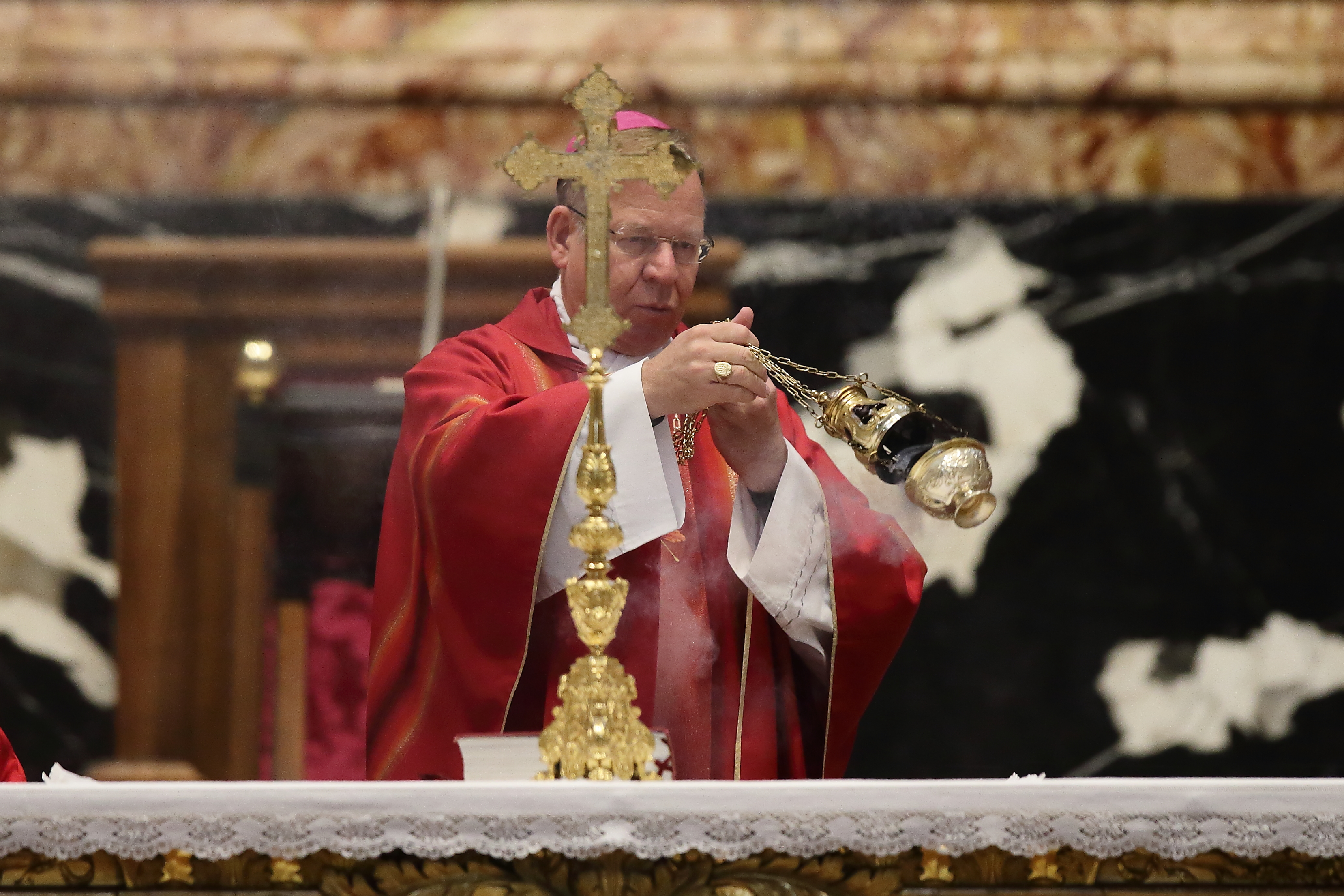 Archbishop Gintaras Grušas of Vilnius, Lithuania, offers Mass on the feast of St. Luke for the Synod on Synodality delegates in St. Peter’s Basilica on Oct. 18, 2023. | Credit: Evandro Inetti/EWTN New...