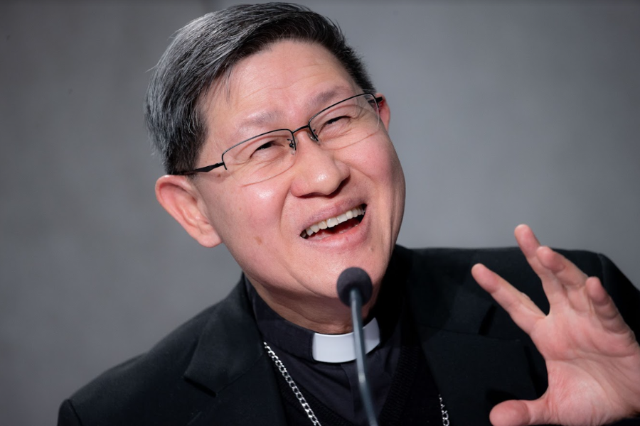Cardinal Luis Antonio Tagle speaks at a Vatican press conference presenting the 2021 World Mission Day, Oct. 21, 2021. | Credit: Daniel Ibáñez/EWTN News