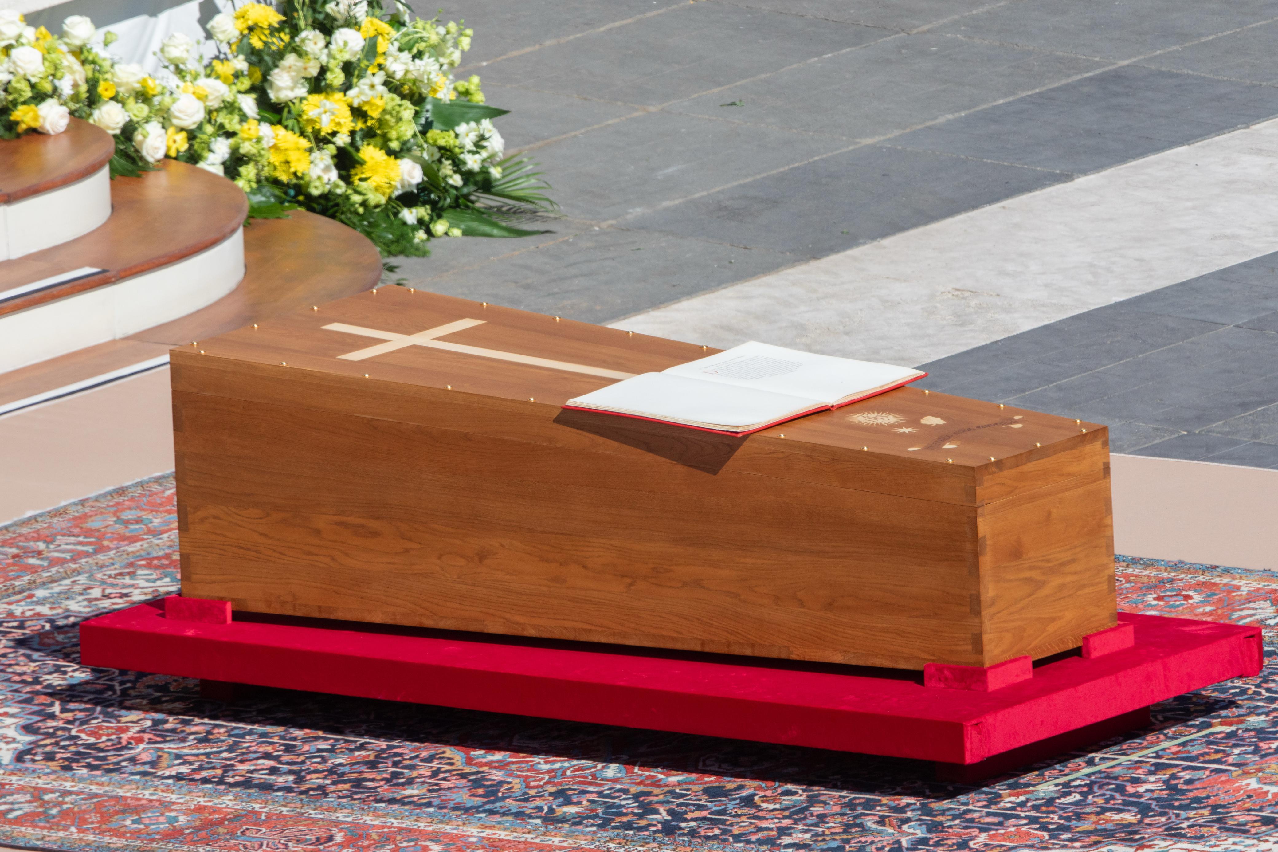 A view of the coffin of Pope Francis resting before the altar at the funeral Mass on St. Peter’s Square, April 26, 2025. - Credit: Daniel Ibáñez/CNA