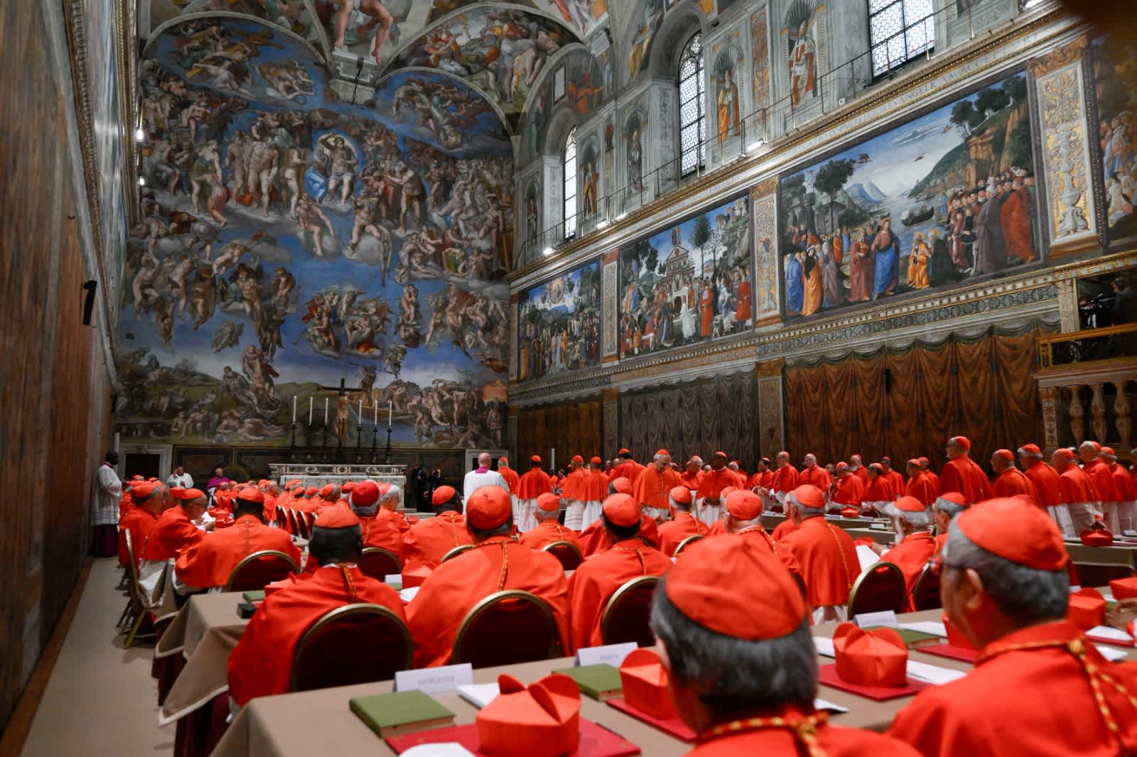 Cardinals prepare to begin the conclave to elect a new pope in the Sistine Chapel on May 7, 2025. - Credit: Vatican Media