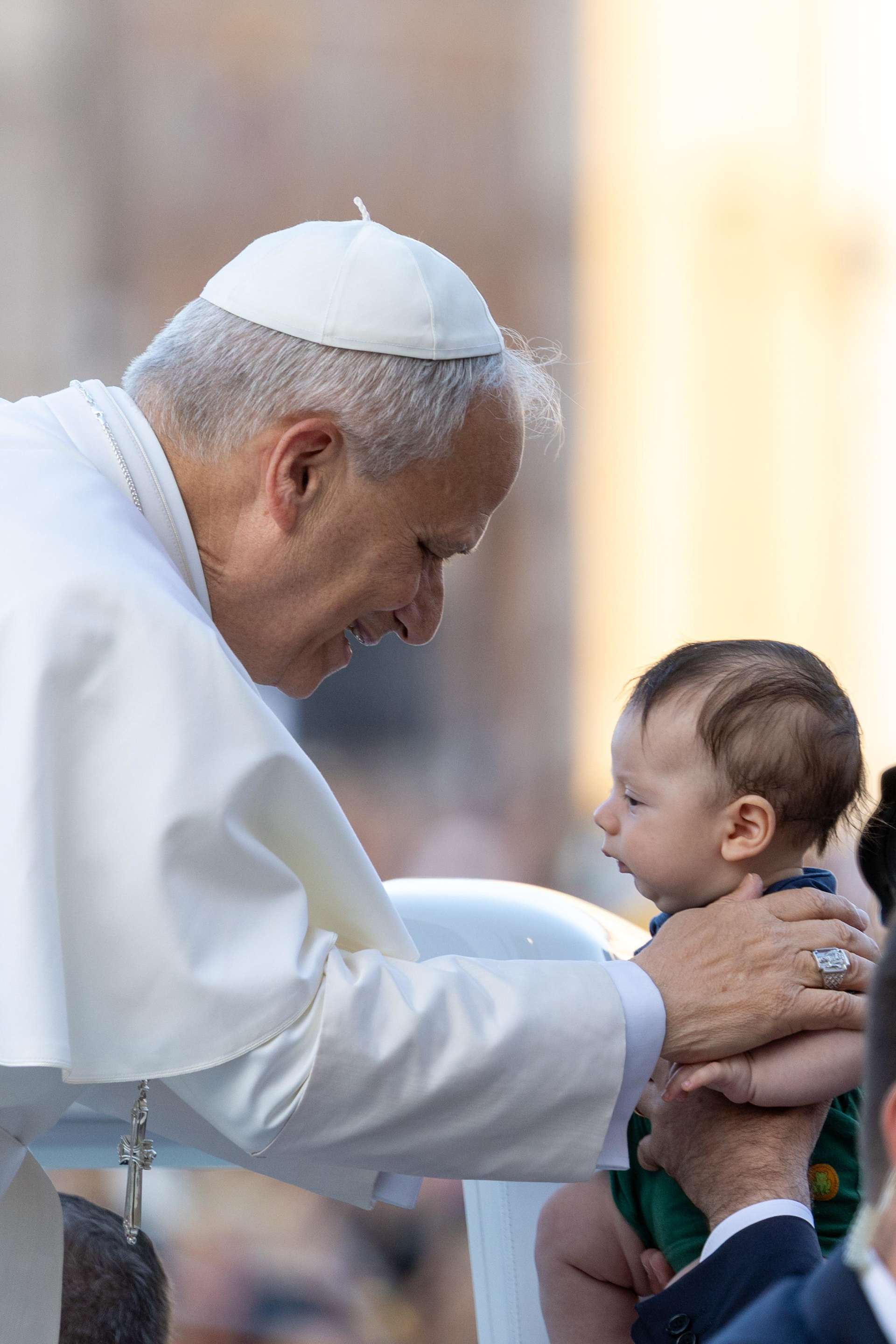 Pope Leo XIV greets a young attendee at a Pentecost prayer vigil in St. Peter's Square, Saturday, June 7, 2025 - Credit: Daniel Ibáñez/CNA