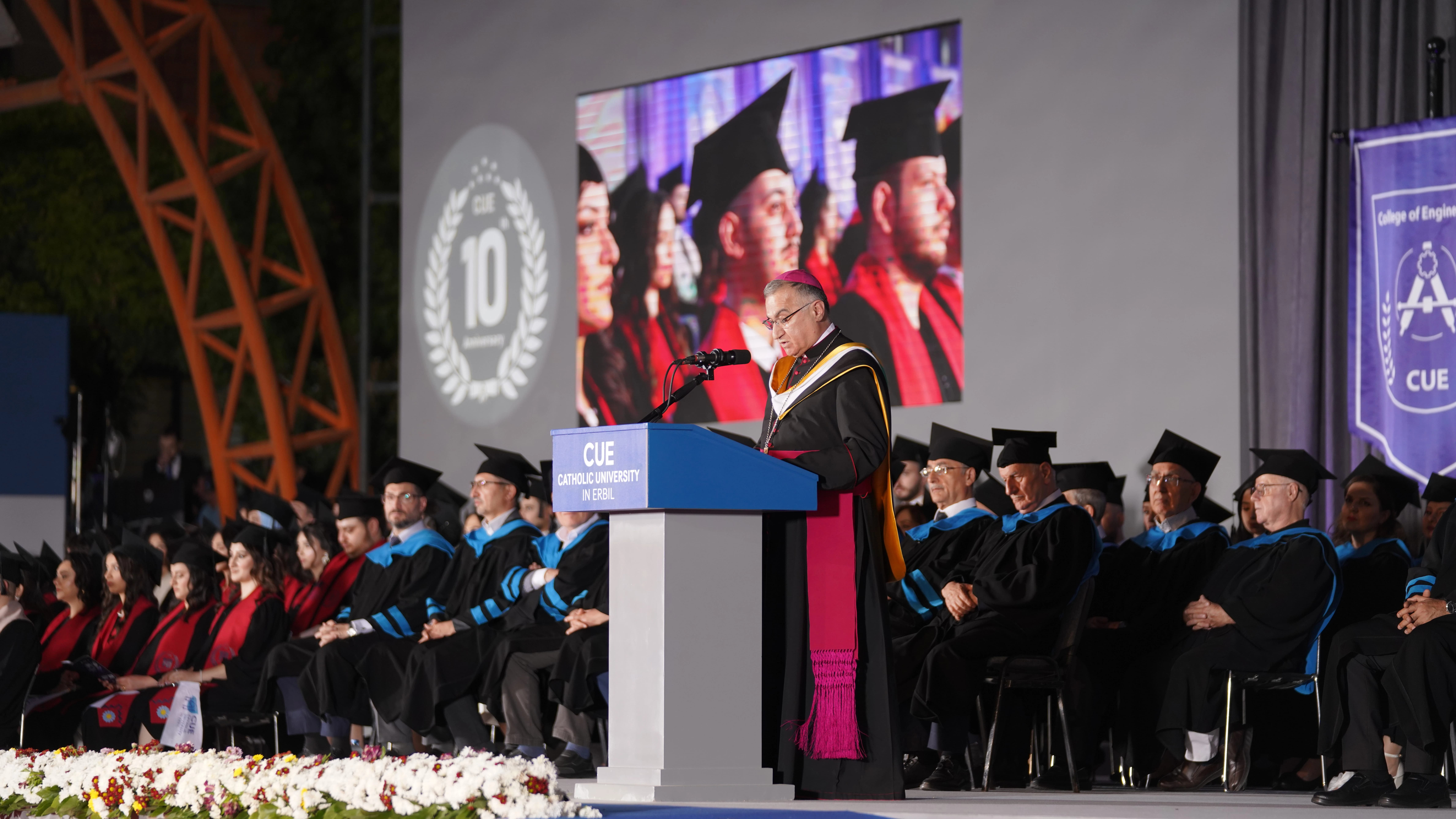 A prelate speaks during the graduation ceremony at the Catholic University of Erbil in Iraq on Sept. 30, 2025. Credit: ACI MENA