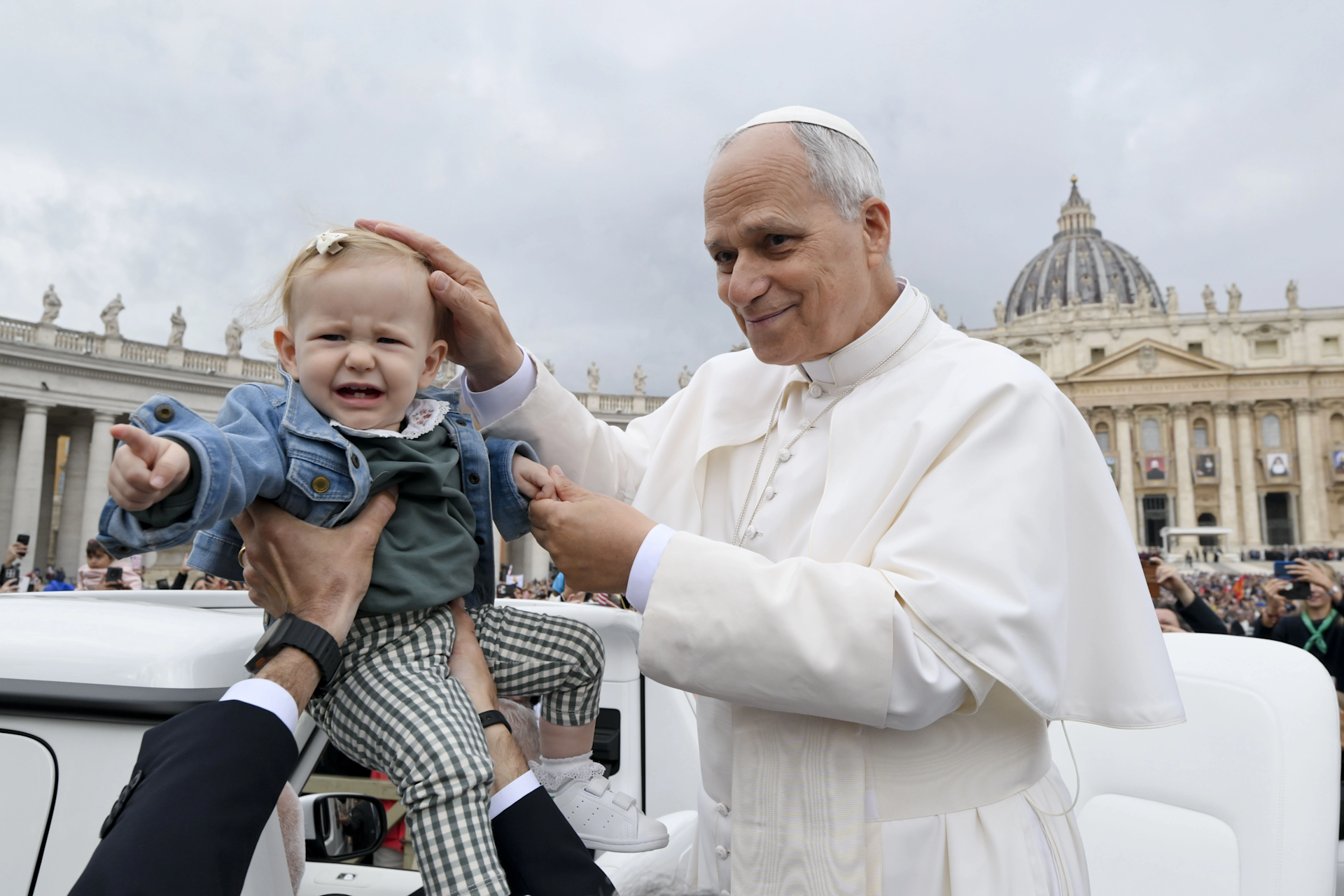 Pope Leo XIV greets a baby during his general audience in St. Peter’s Square at the Vatican on Wednesday, Oct. 22, 2025 | Credit: Vatican Media