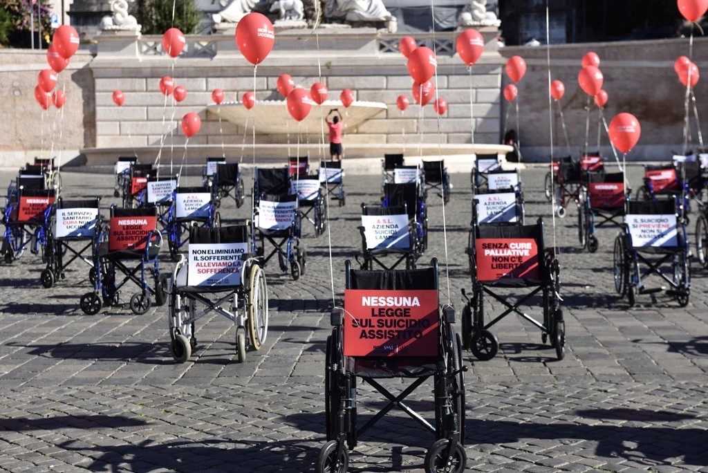 Empty wheelchairs were used during a Nov. 4, 2025, anti-assisted suicide event in Rome. | Credit: Photo courtesy of ProVita & Famiglia?w=200&h=150