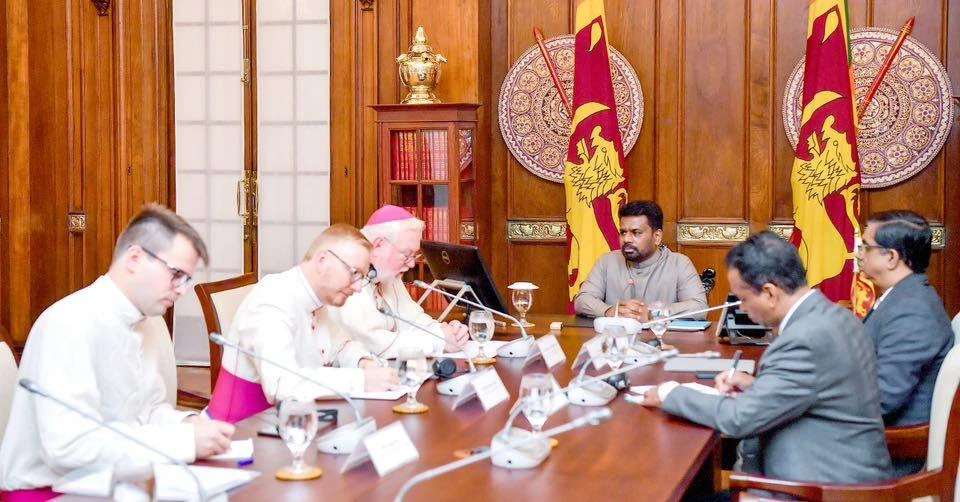 Sri Lankan President Anura Kumara Dissanayake and Archbishop Paul Richard Gallagher, the Vatican’s secretary for relations with states and international organizations, hold a bilateral meeting at the Presidential Secretariat in Colombo on Nov. 4, 2025, marking Sri Lanka and the Vatican’s 50 years of diplomatic ties. Credit: Santosh Digal
