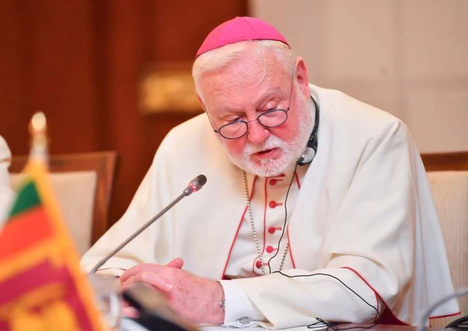 Archbishop Paul Richard Gallagher, the Vatican’s secretary for relations with states and international organizations, speaks at a press conference on Nov. 4, 2025, in Colombo. Credit: Santosh Digal