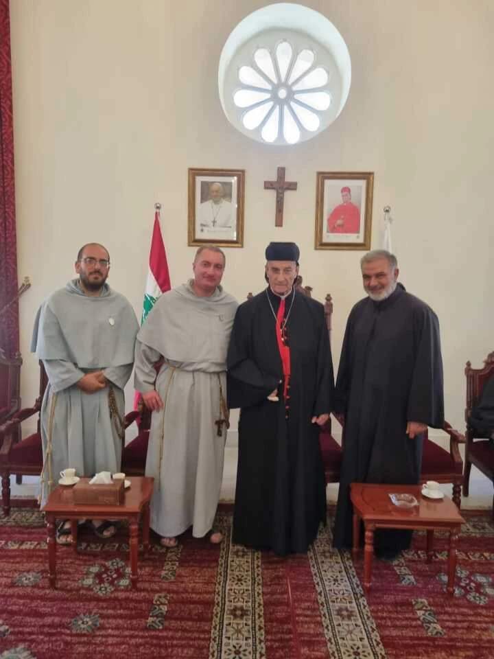 Father Charbel Boustany, FFI (left); Maronite Patriarch Bechara Boutros Ra&iuml; of Antioch (third from left). Members of the Lebanese Catholic diaspora are anticipating Pope Leo XIV&rsquo;s three-day visit to Lebanon, taking place from Nov. 30 to Dec. 2, 2025. Credit: Photo courtesy of Father Charbel Boustany