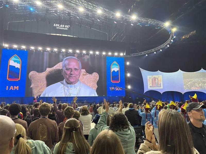 Pope Leo XIV speaks to teenagers during a digital encounter at Lucas Oil Stadium in Indianapolis during the 2025 National Catholic Youth Conference (NCYC) on Nov. 21, 2025. | Credit: Tessa Gervasini/C...