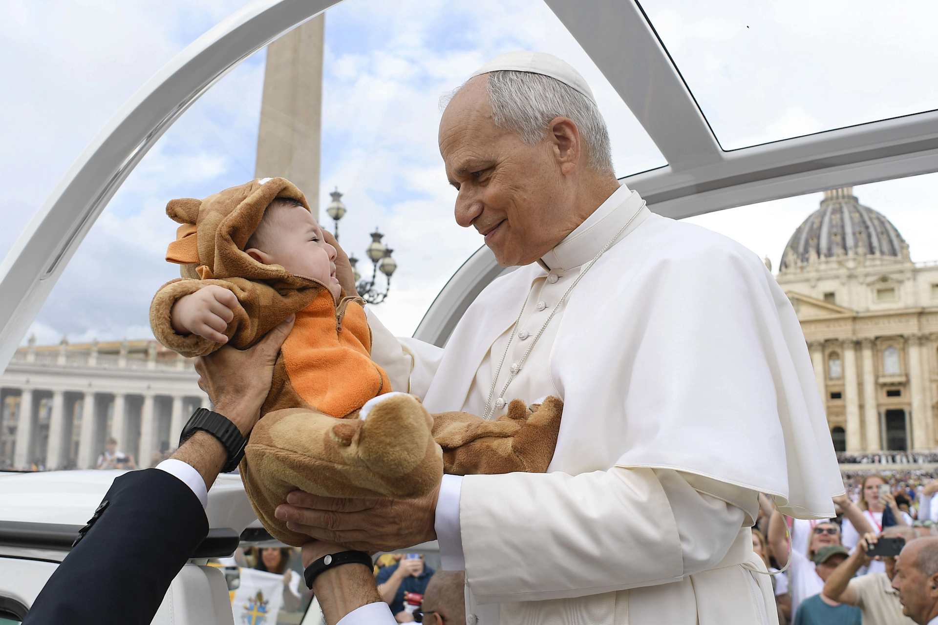 Pope Leo XIV blesses a baby during his general audience on Sept. 24, 2025, in St. Peter’s Square at the Vatican. Credit: Vatican Media