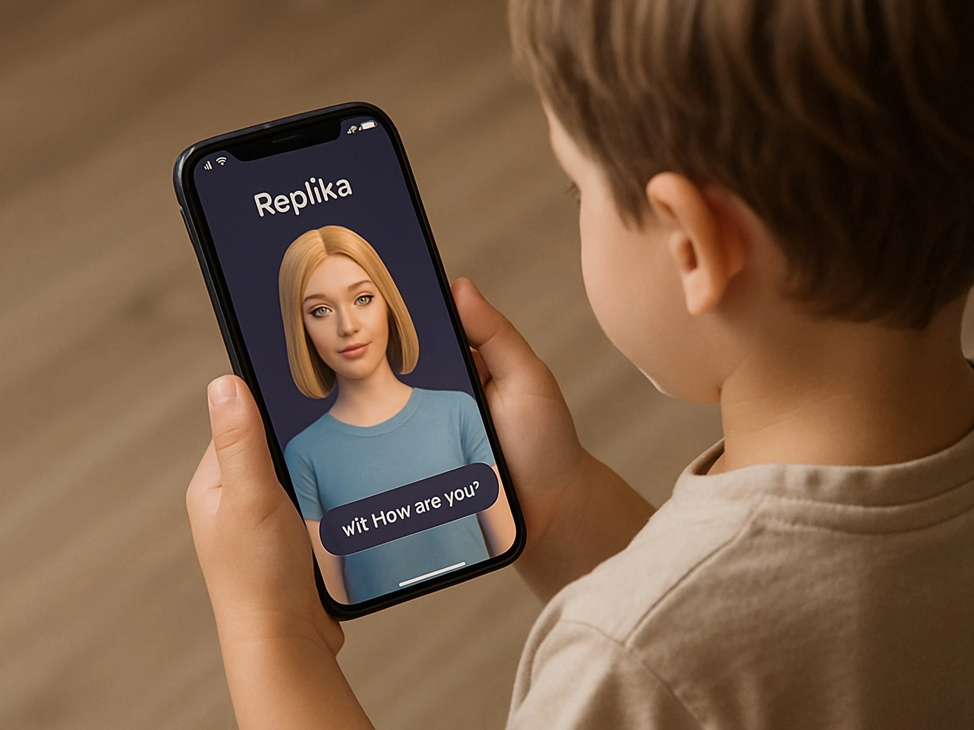 A child holds a phone with the Replika app open and an image of an AI companion. Apps that promise to help recreate digital versions of deceased family members using AI pose a “spiritual danger” to Catholics and others who may use the technology in place of healthy grief, experts say. | Credit: Generated by an Artificial Intelligence (AI) system on Shutterstock