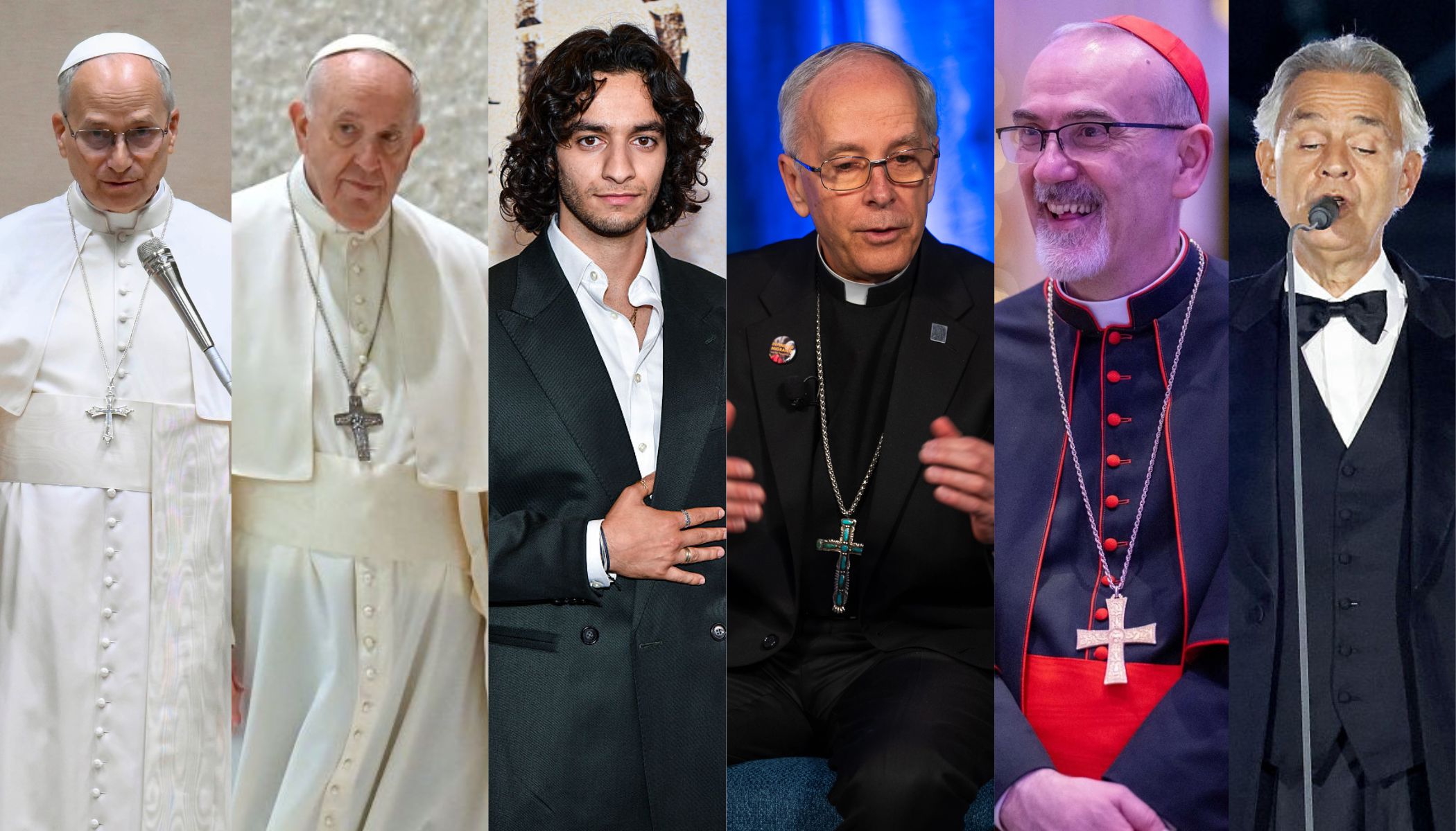 Pope Leo XIV, Pope Francis, Michael Iskander, Bishop Mark Seitz, Cardinal Pierbattista Pizzaballa, and Andrea Bocelli. Credit: Vatican Media; ALBERTO PIZZOLI/AFP via Getty Images; Jason Davis/Getty Im...