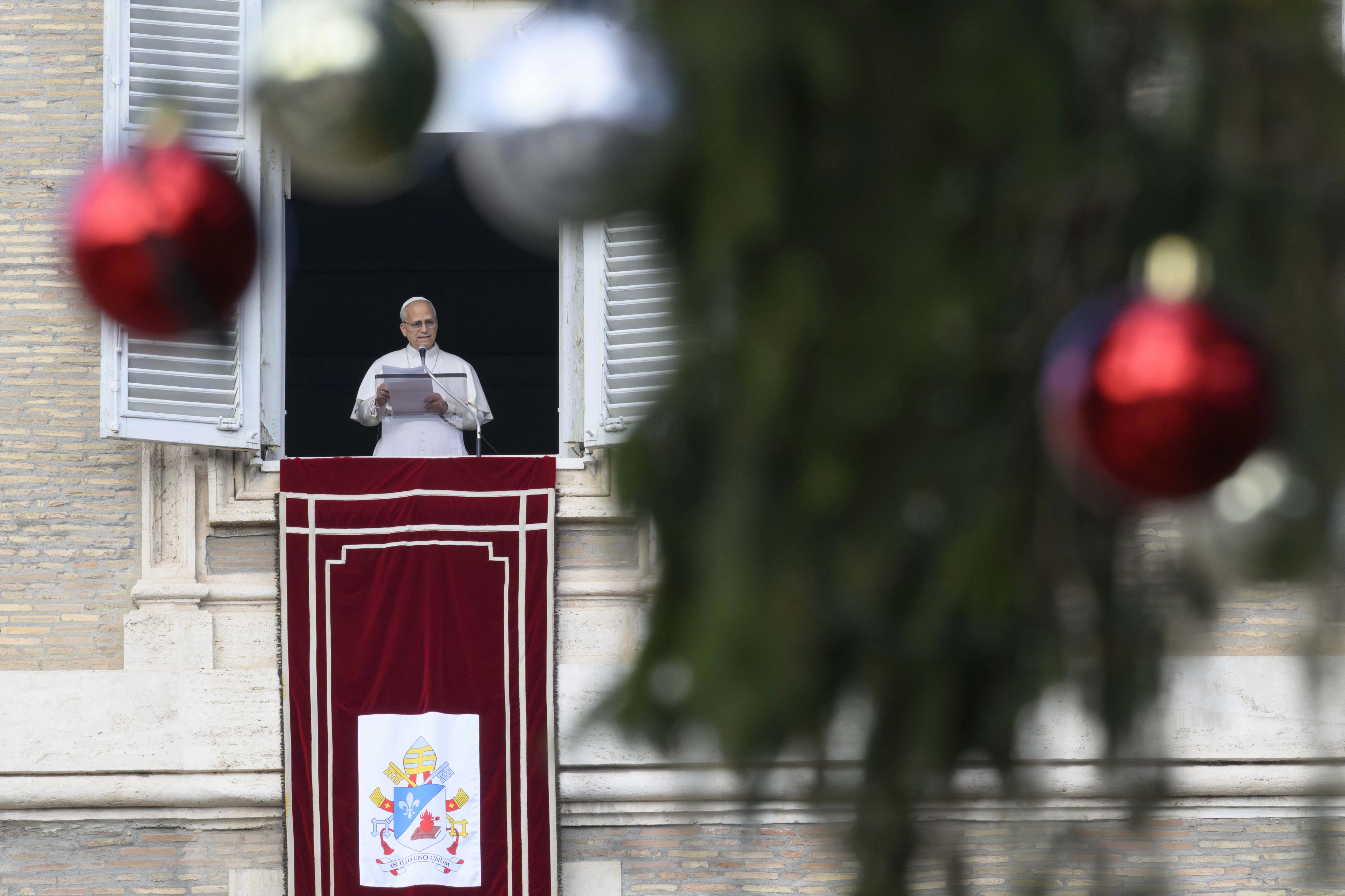 Pope Leo XIV addresses pilgrims gathered in St. Peter’s Square at the Vatican for the recitation of the Angelus on Dec. 26, 2025. | Credit: Vatican Media
