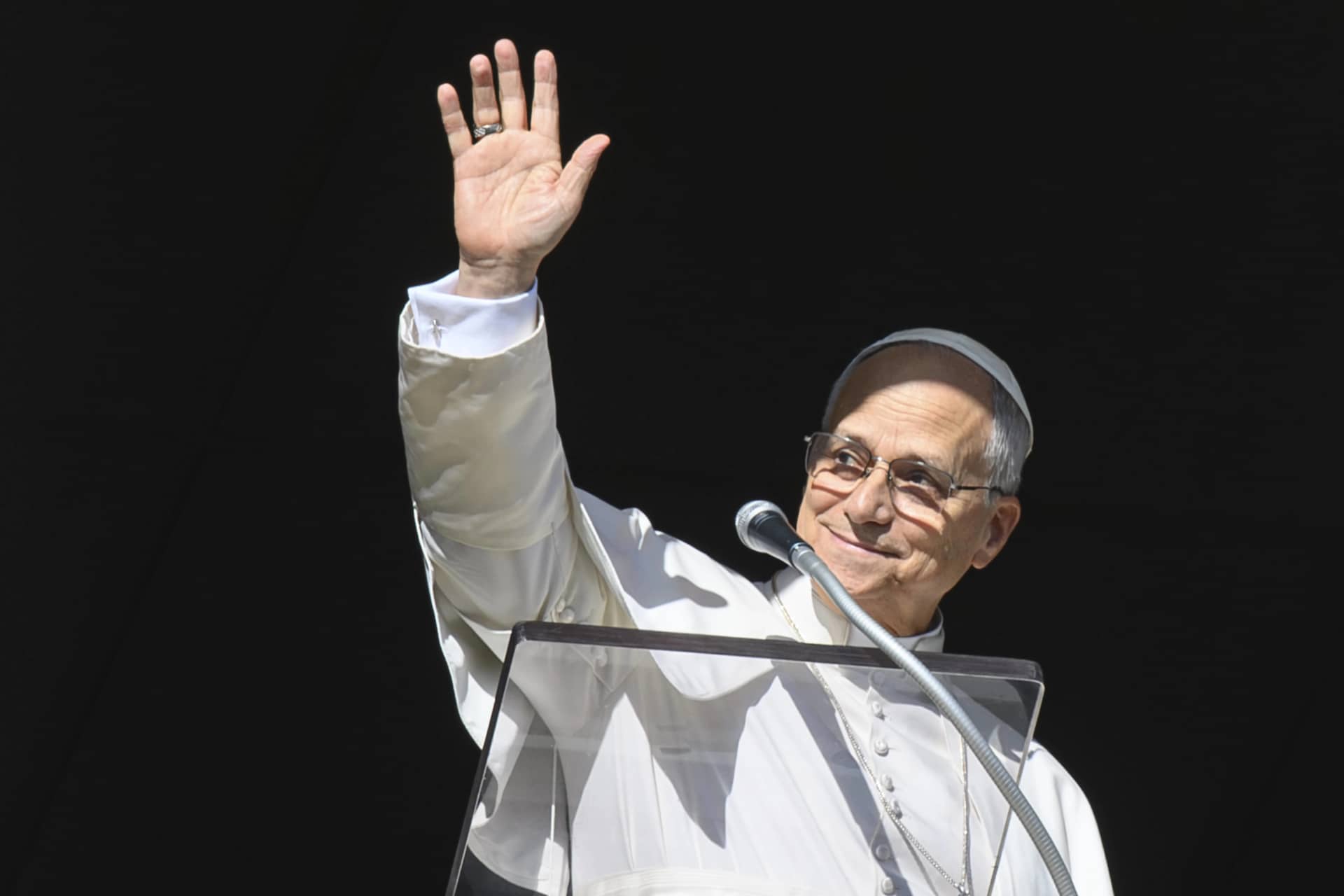 Pope Leo XIV greets pilgrims gathered in St. Peter’s Square at the Vatican for the recitation of the Angelus on Dec. 28, 2025. | Credit: Vatican Media