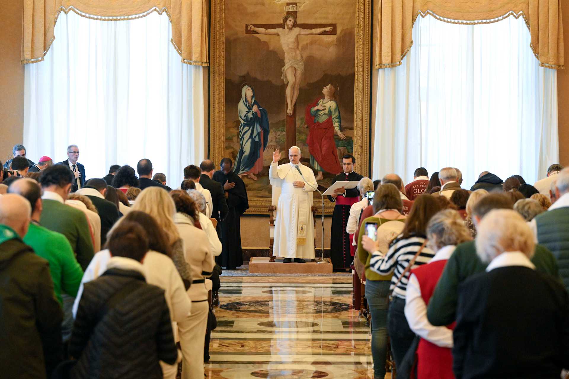 Pope Leo XIV meets with a group of pilgrims from St. Thomas of Villanova Parish in Alcalá de Henares, Spain, on Dec. 29, 2025, in the Apostolic Palace at the Vatican. | Credit: Vatican Media