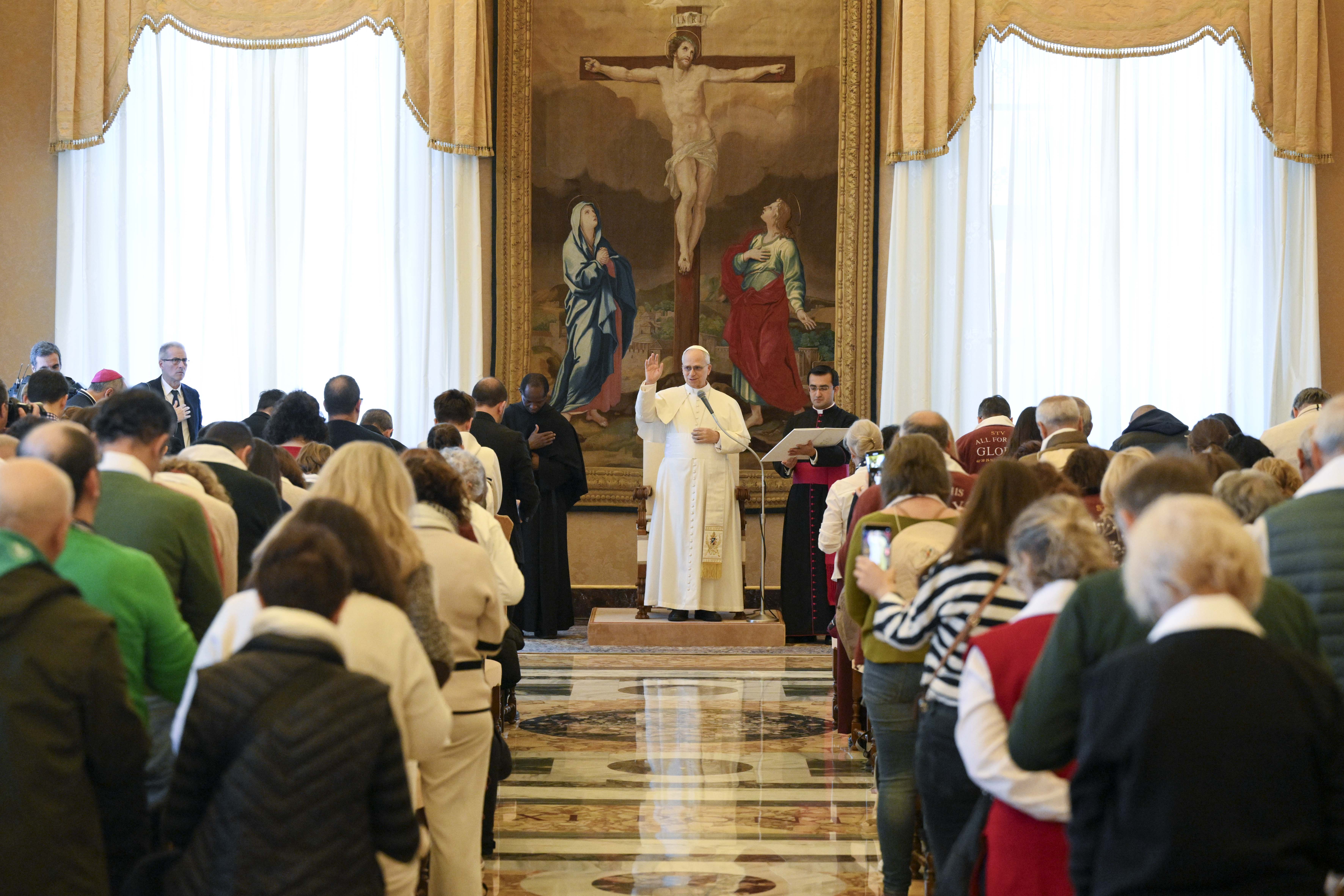 Pope Leo XIV meets with a group of pilgrims from St. Thomas of Villanova Parish in Alcalá de Henares, Spain, on Dec. 29, 2025, in the Apostolic Palace at the Vatican. | Credit: Vatican Media
