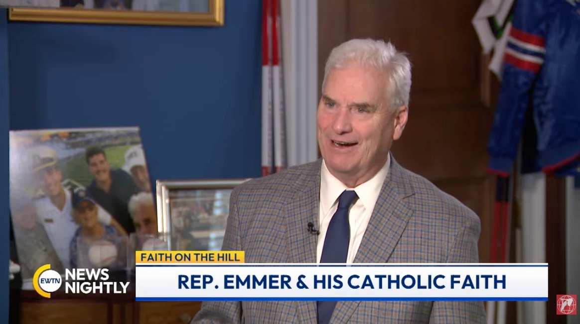 U.S. House Majority Whip Rep. Tom Emmer, R-Minnesota, talks about his faith with Eric Rosales on “EWTN News Nightly” on Dec. 29, 2025. | Credit: “EWTN News Nightly”/Screenshot