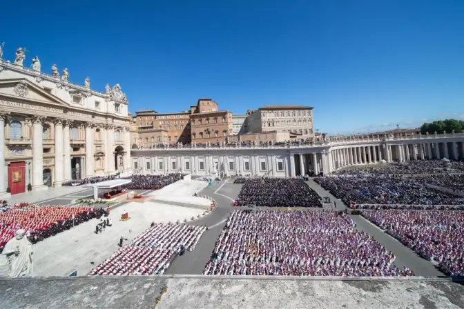 Aerial view of St. Peter’s Square filled with thousands of mourners including clergy and dignitaries gathered for Pope Francis’ funeral Mass under a clear blue sky on April 26, 2025, in Vatican City. | Credit: Daniel Ibáñez/EWTN News