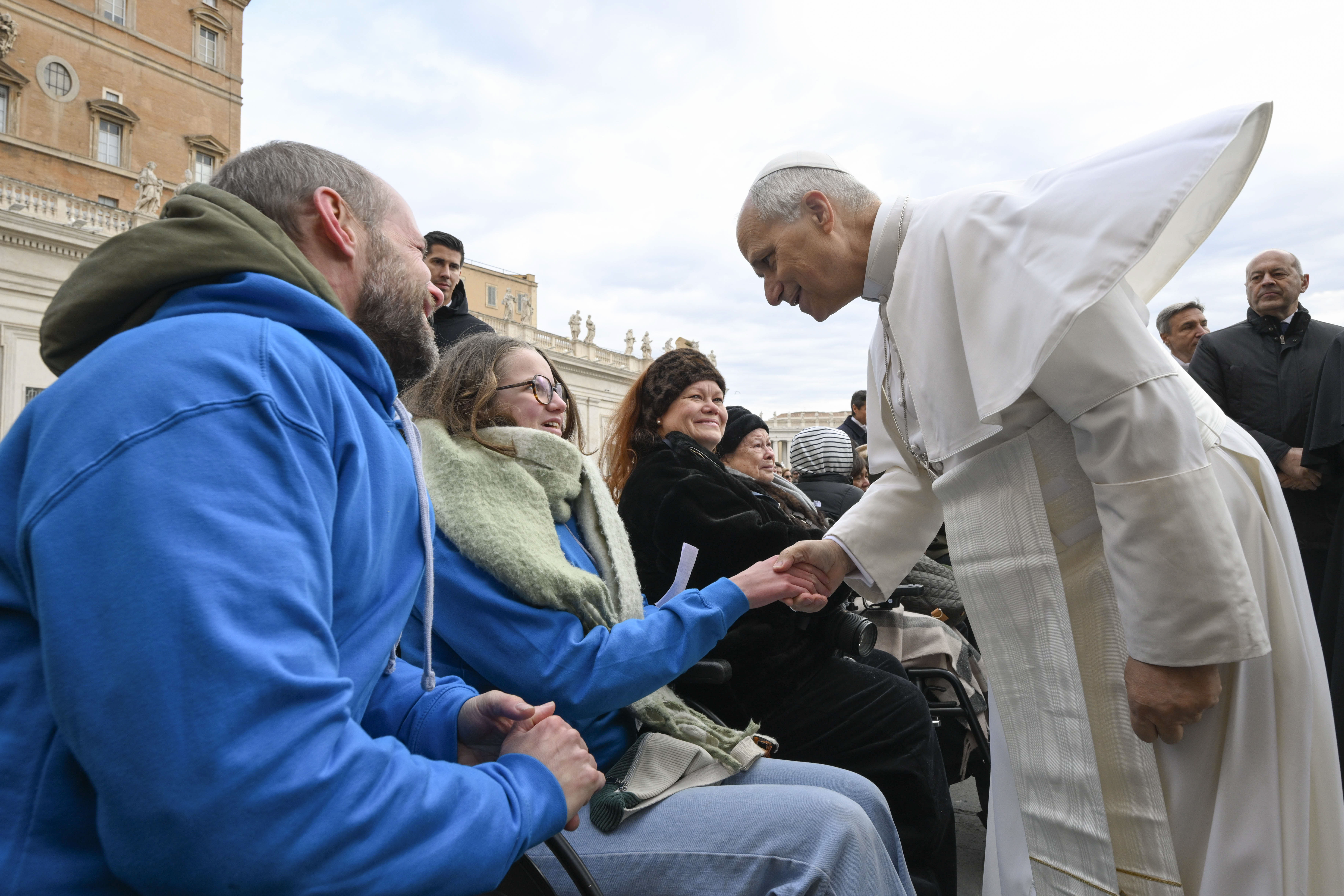 Pope Leo XIV greets pilgrims gathered for his Wednesday general audience on Dec. 31, 2025, in St. Peter’s Square at the Vatican. | Credit: Vatican Media