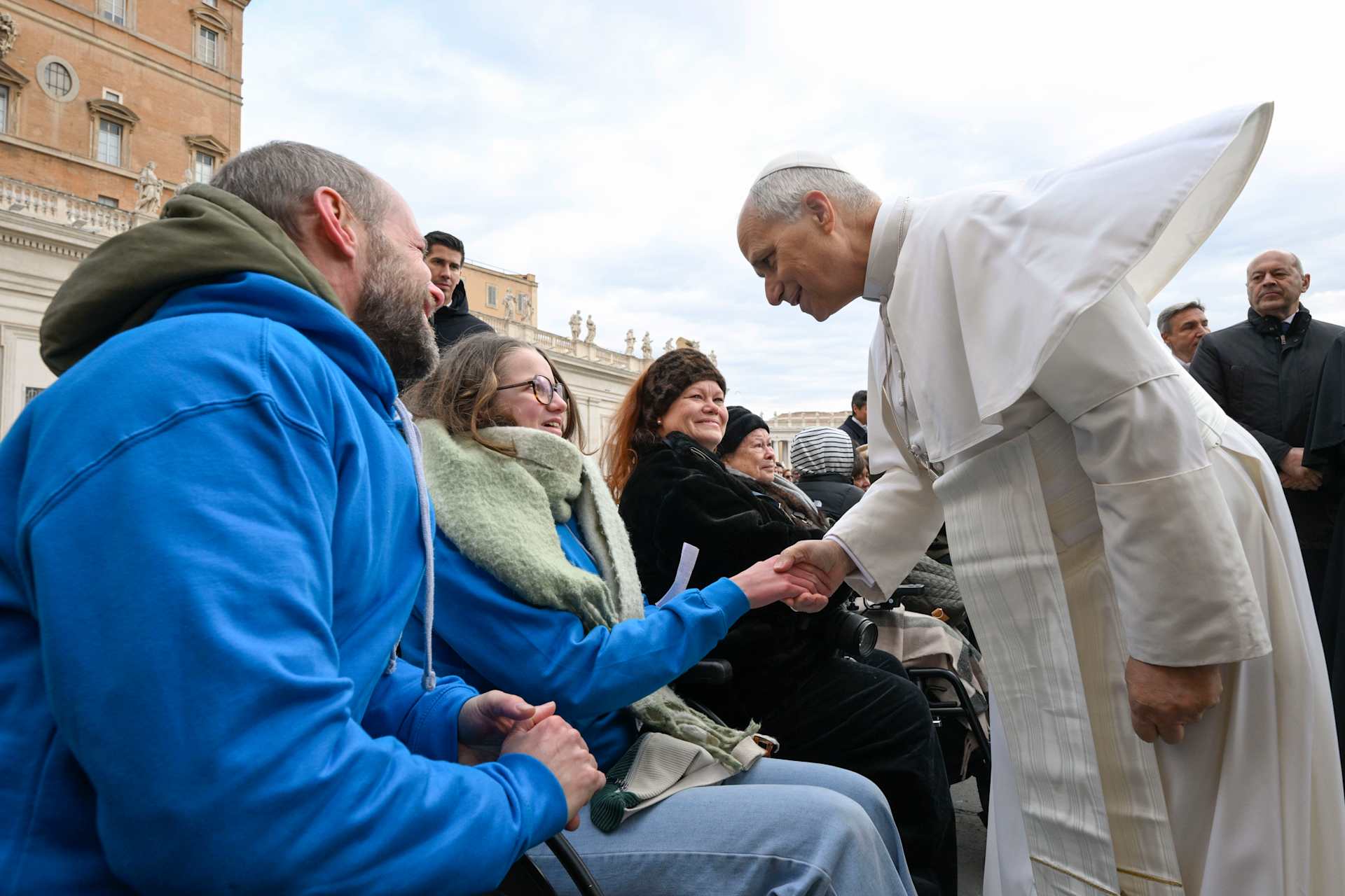 Pope Leo XIV greets pilgrims gathered for his Wednesday general audience on Dec. 31, 2025, in St. Peter’s Square at the Vatican. | Credit: Vatican Media