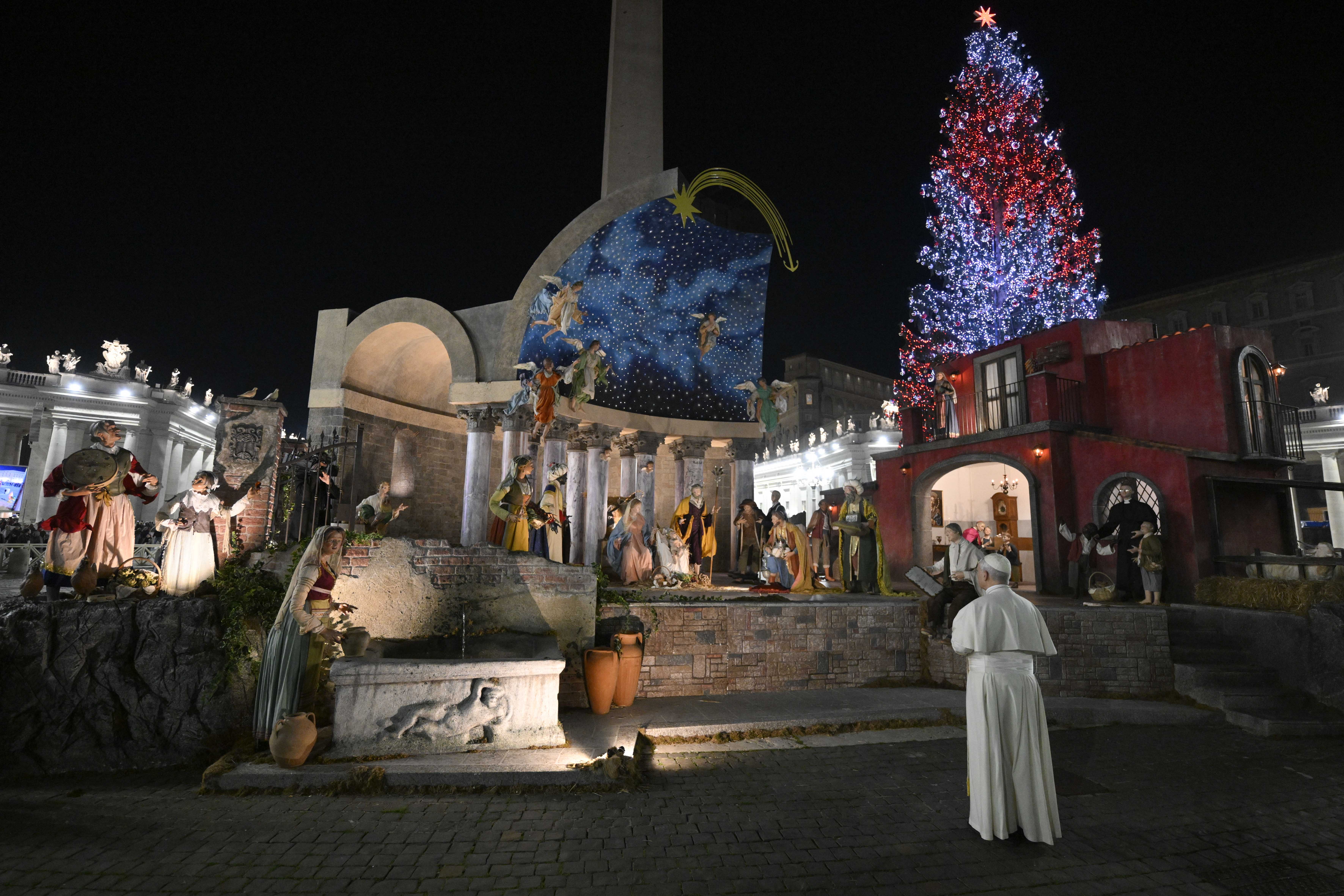 Pope Leo XIV visits the Nativity scene in St. Peter’s Square on Dec. 31, 2025. | Credit: Vatican Media