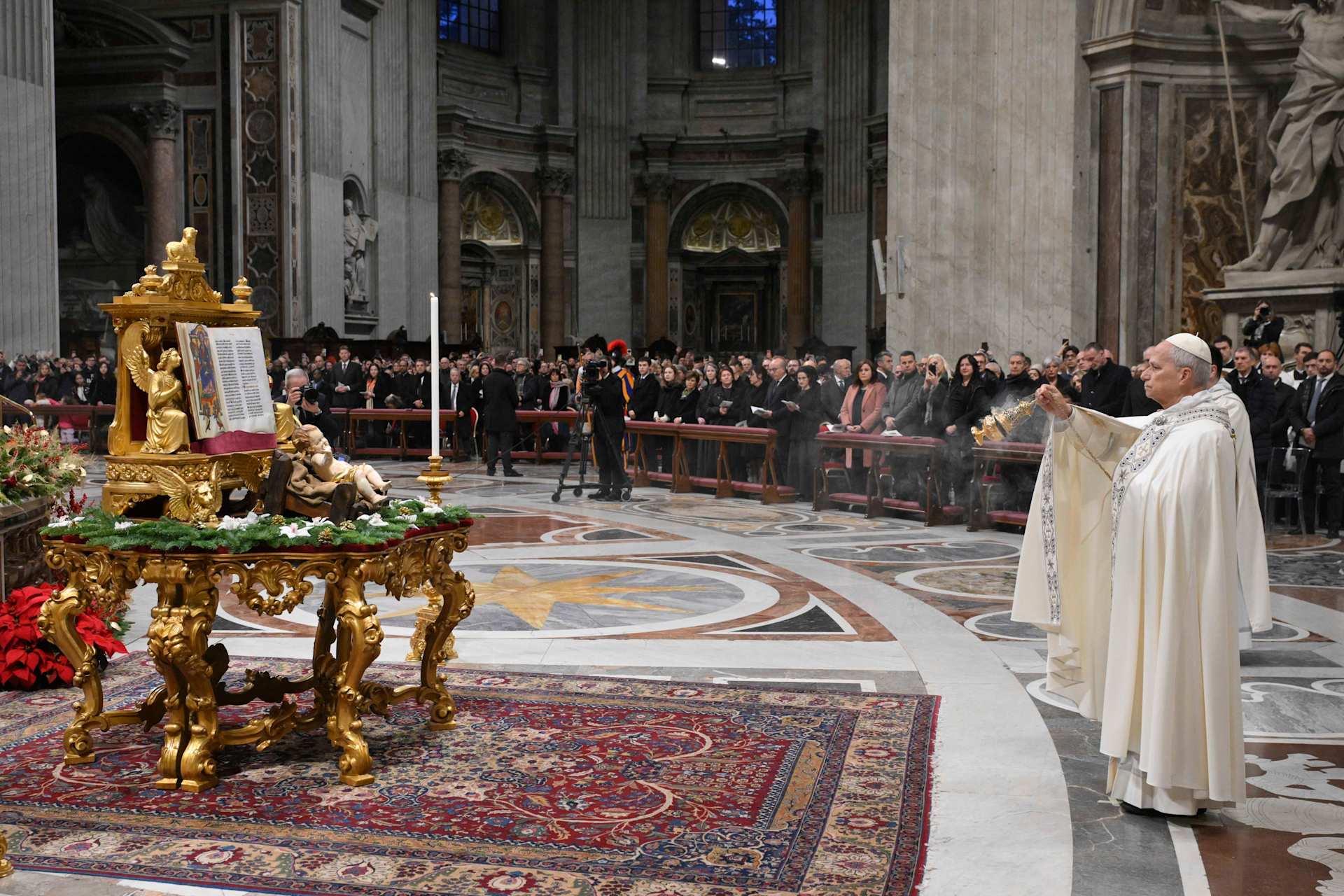 Pope Leo XIV presides over first vespers (evening prayer) in St. Peter’s Basilica on Dec. 31, 2025, in anticipation of the Jan. 1 solemnity of Mary, Mother of God. | Credit: Vatican Media