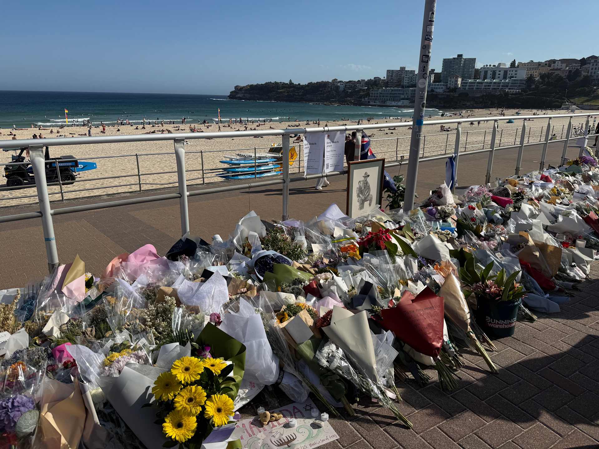 Flowers and tributes line the promenade at Bondi Beach in Sydney, Australia, following the Dec. 14, 2025, terrorist attack in which two gunmen killed 16 people during a Hanukkah celebration. | Credit: DaHuzyBru/Wikimedia (CC BY-SA 4.0)