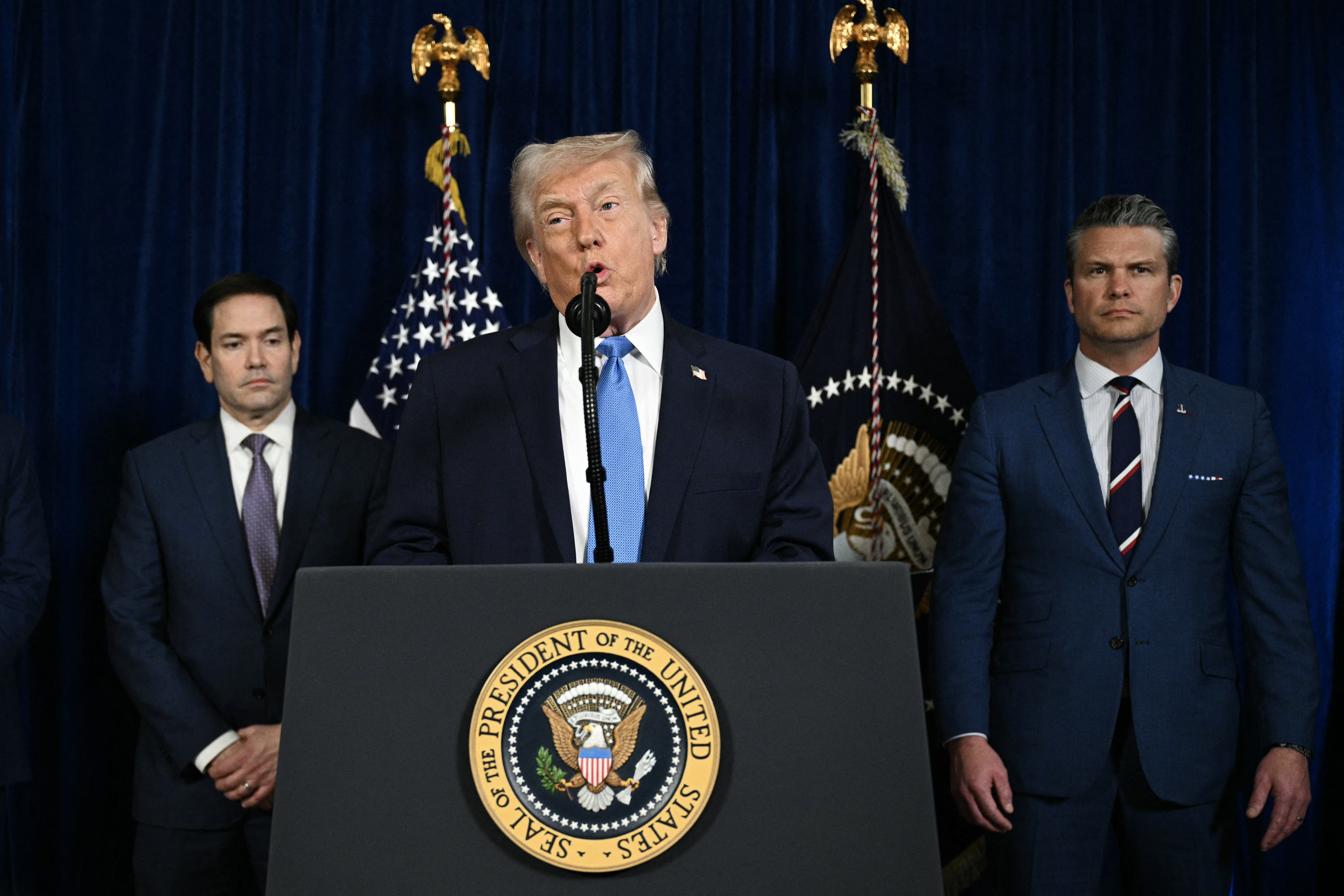 U.S. President Donald Trump delivers a press conference after the capture of Venezuela President Nicolás Maduro, Washington, D.C., Saturday, Jan. 3, 2026. Credit: JIM WATSON / Getty Images