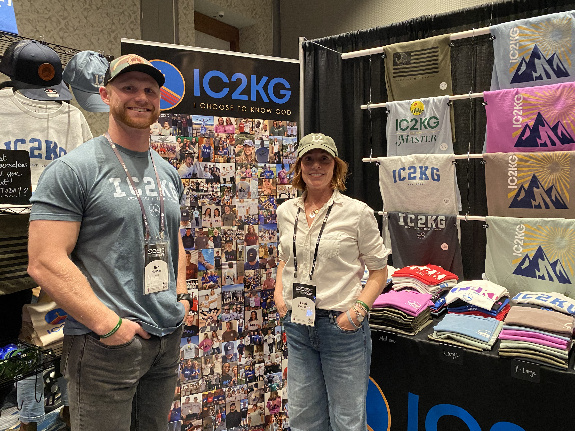 Lauri Hauser and her son, Ben Hauser, stand in front of their “IC2KG” booth at the SEEK 2026 conference in Denver on Jan. 2, 2026. | Credit: Francesca Fenton/EWTN News